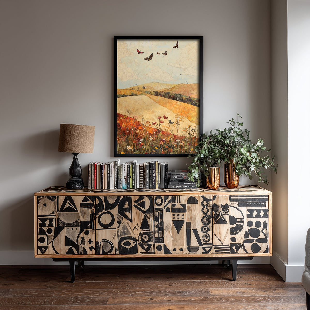 Rolling Hills Landscape Art Print - Butterfly Meadow Poster - Folk Art Painting - Cranberry Pistachio and Chalk 3/3