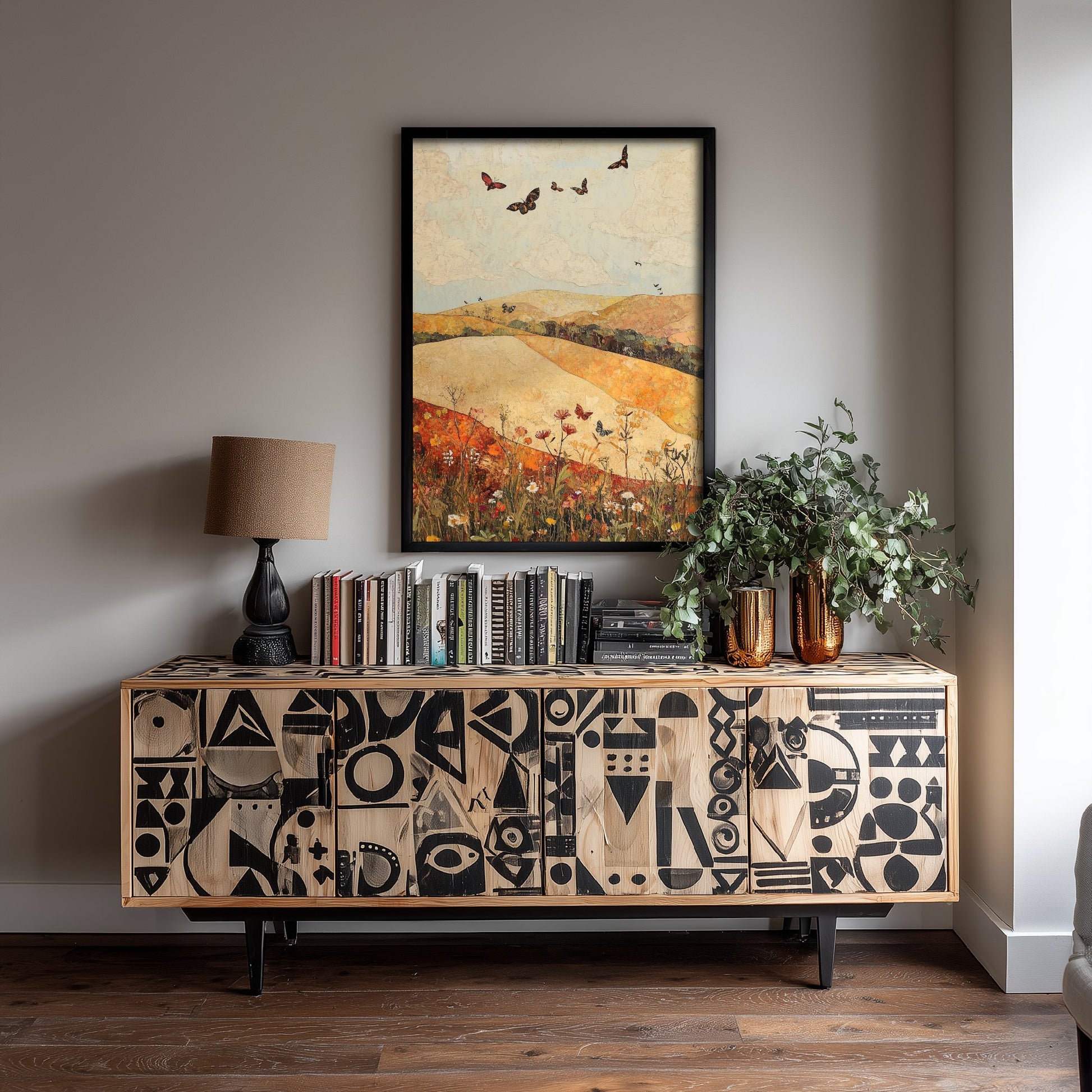 Rolling Hills Landscape Art Print - Butterfly Meadow Poster - Folk Art Painting - Cranberry Pistachio and Chalk 3/3