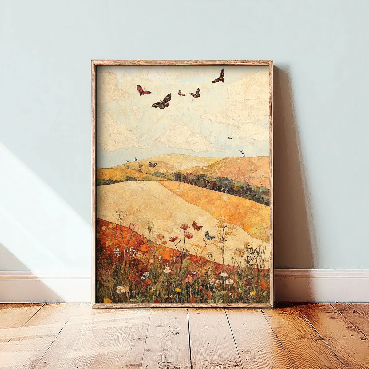 Rolling Hills Landscape Art Print - Butterfly Meadow Poster - Folk Art Painting - Cranberry Pistachio and Chalk 3/3