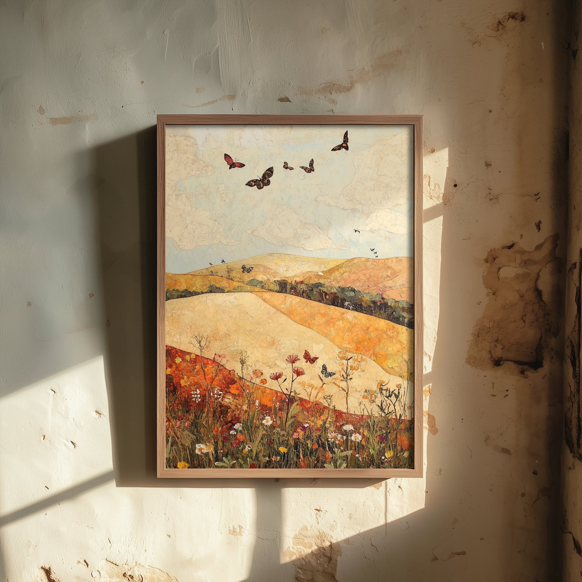 Rolling Hills Landscape Art Print - Butterfly Meadow Poster - Folk Art Painting - Cranberry Pistachio and Chalk 3/3