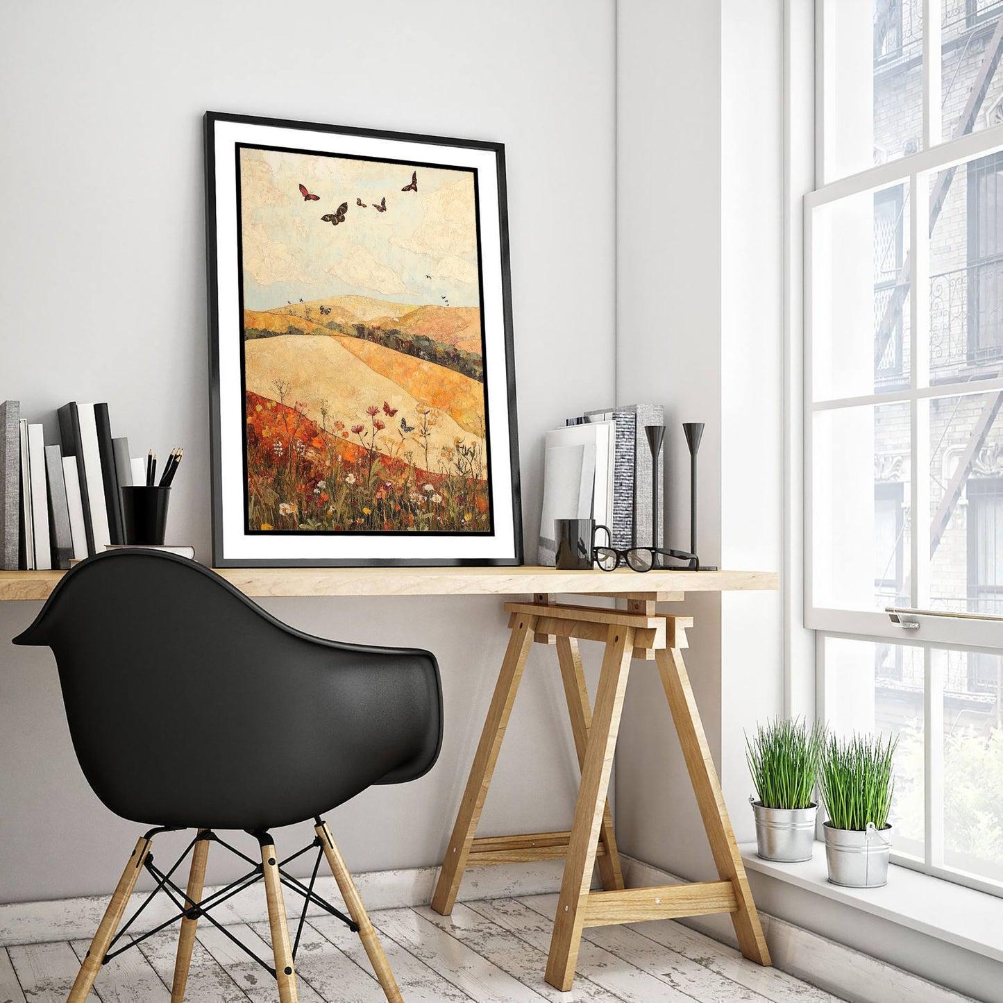 Rolling Hills Landscape Art Print - Butterfly Meadow Poster - Folk Art Painting - Cranberry Pistachio and Chalk 3/3