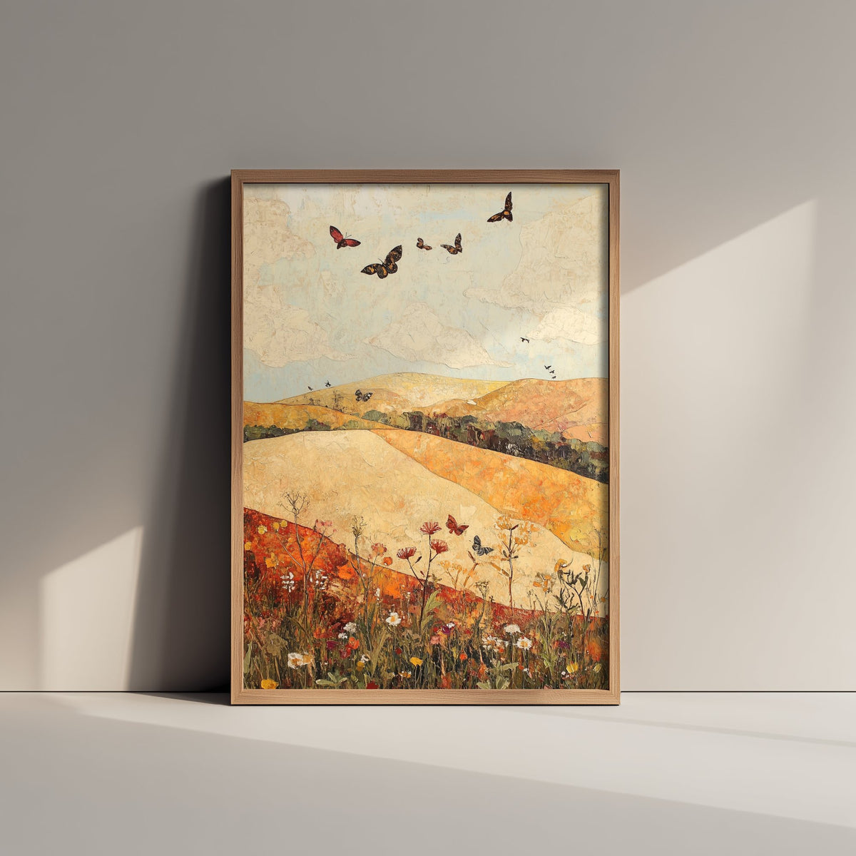 Rolling Hills Landscape Art Print - Butterfly Meadow Poster - Folk Art Painting - Cranberry Pistachio and Chalk 3/3