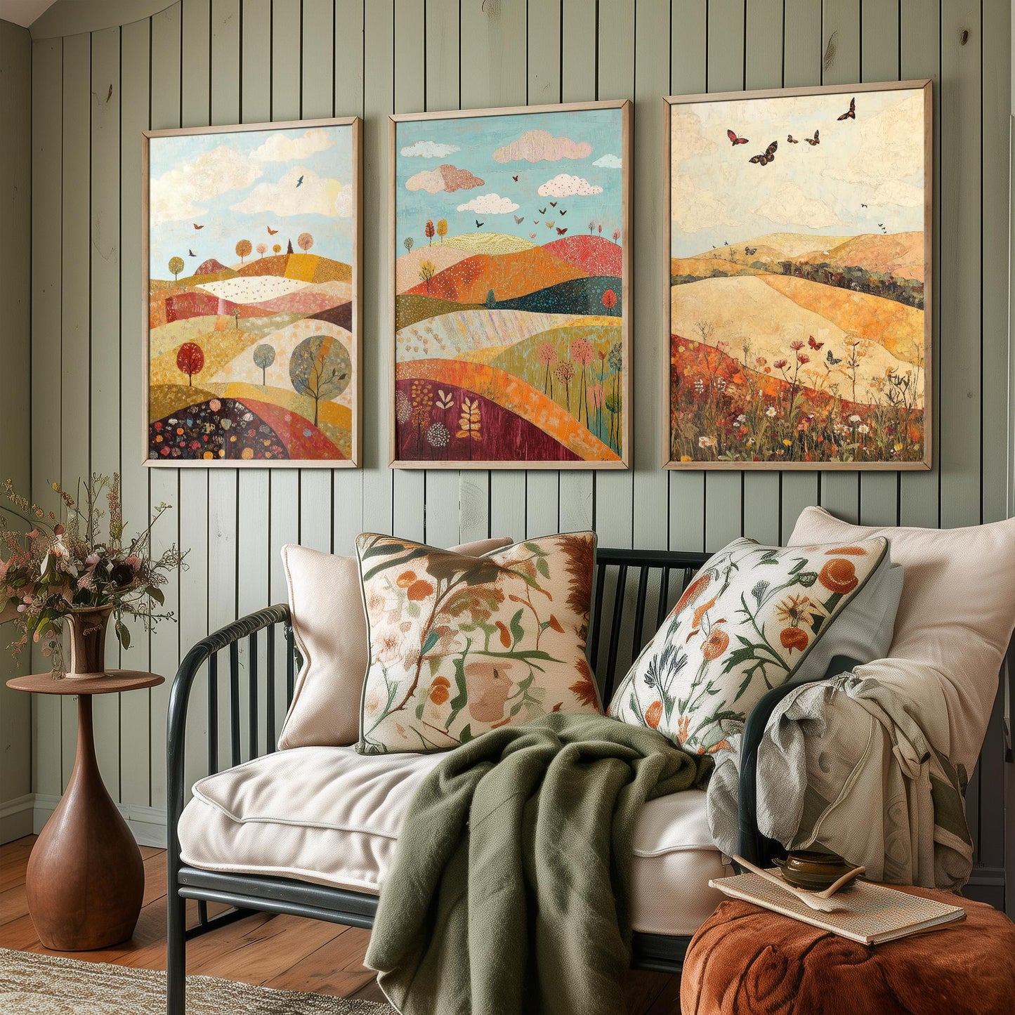 Rolling Hills Butterfly Set of Three Art Prints - Cranberry Pistachio and Chalk - Folk Meadow Poster Illustration Gift