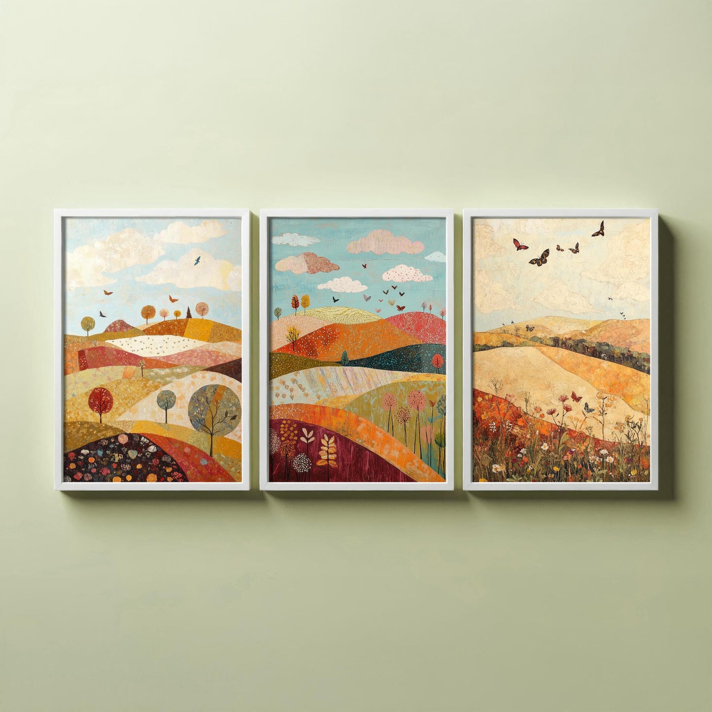Rolling Hills Butterfly Set of Three Art Prints - Cranberry Pistachio and Chalk - Folk Meadow Poster Illustration Gift