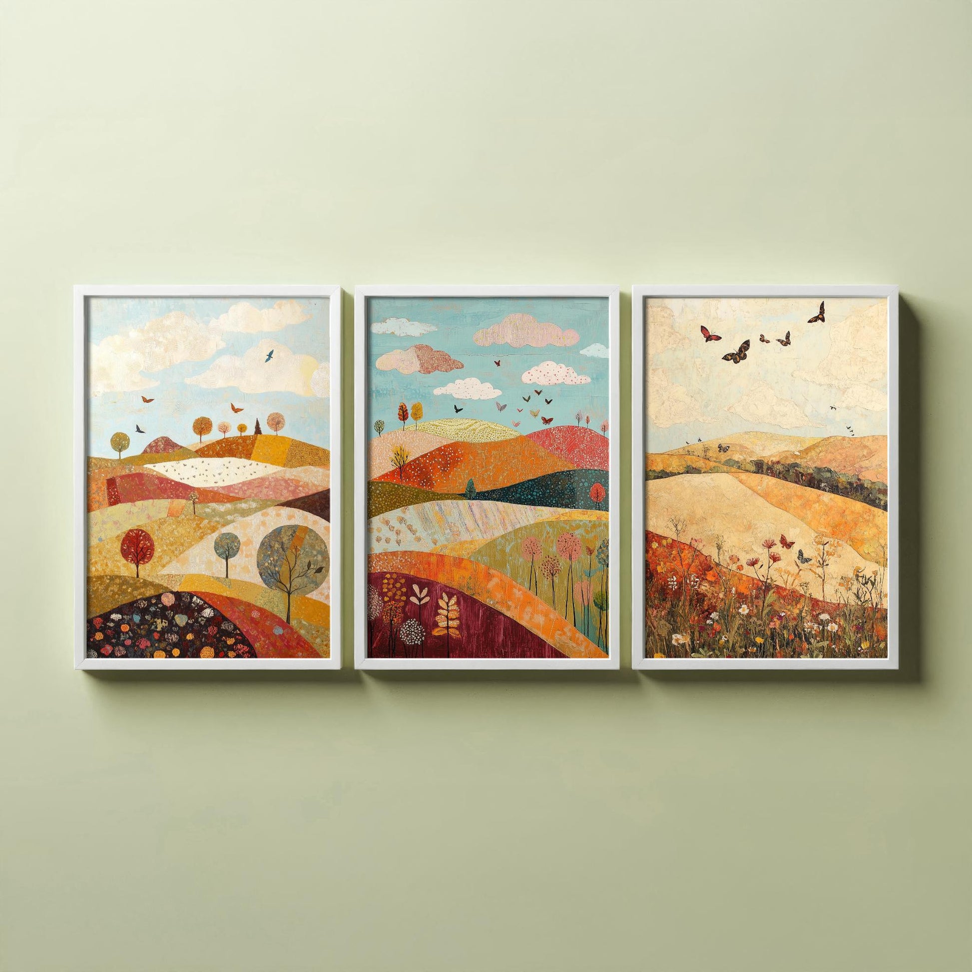 Rolling Hills Butterfly Set of Three Art Prints - Cranberry Pistachio and Chalk - Folk Meadow Poster Illustration Gift