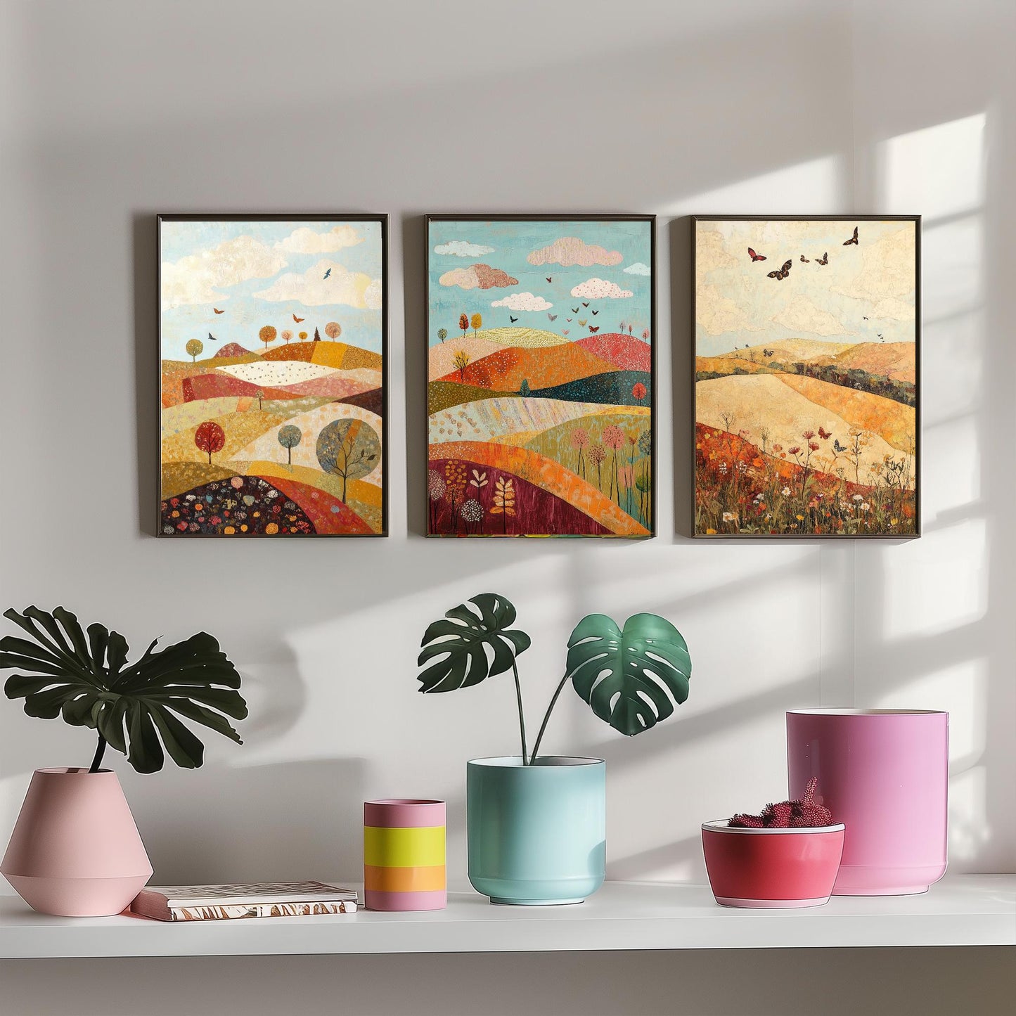 Rolling Hills Butterfly Set of Three Art Prints - Cranberry Pistachio and Chalk - Folk Meadow Poster Illustration Gift