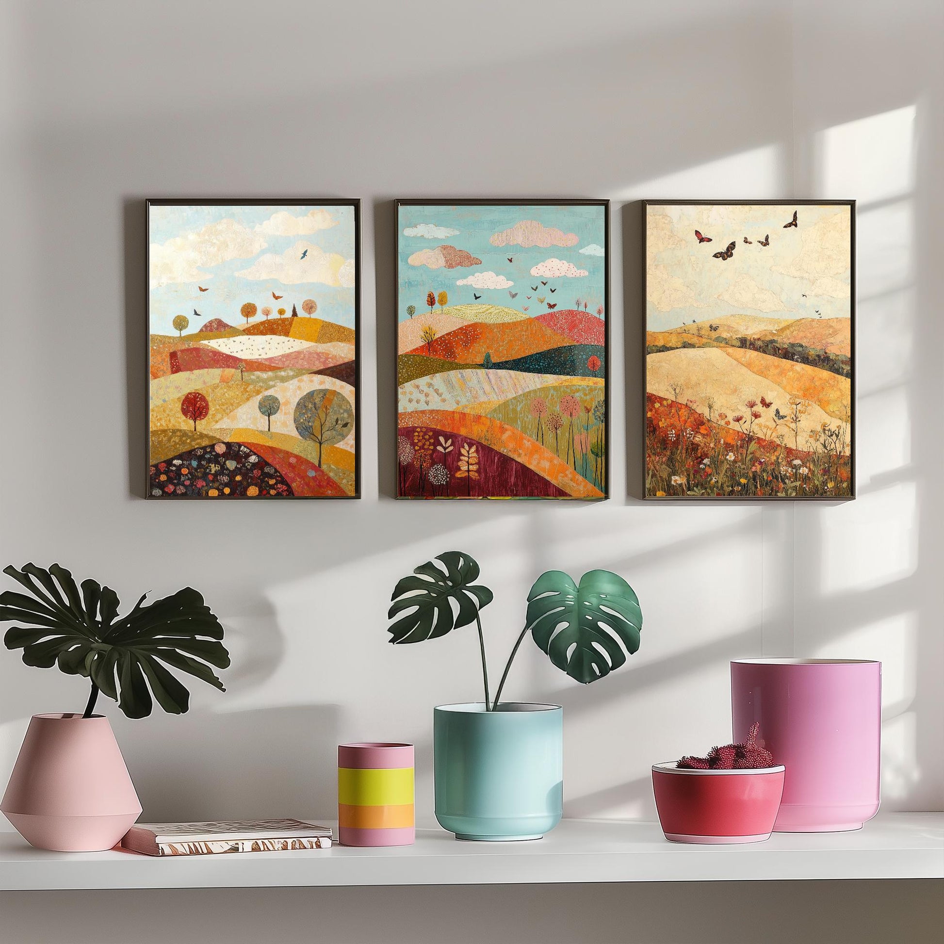 Rolling Hills Butterfly Set of Three Art Prints - Cranberry Pistachio and Chalk - Folk Meadow Poster Illustration Gift