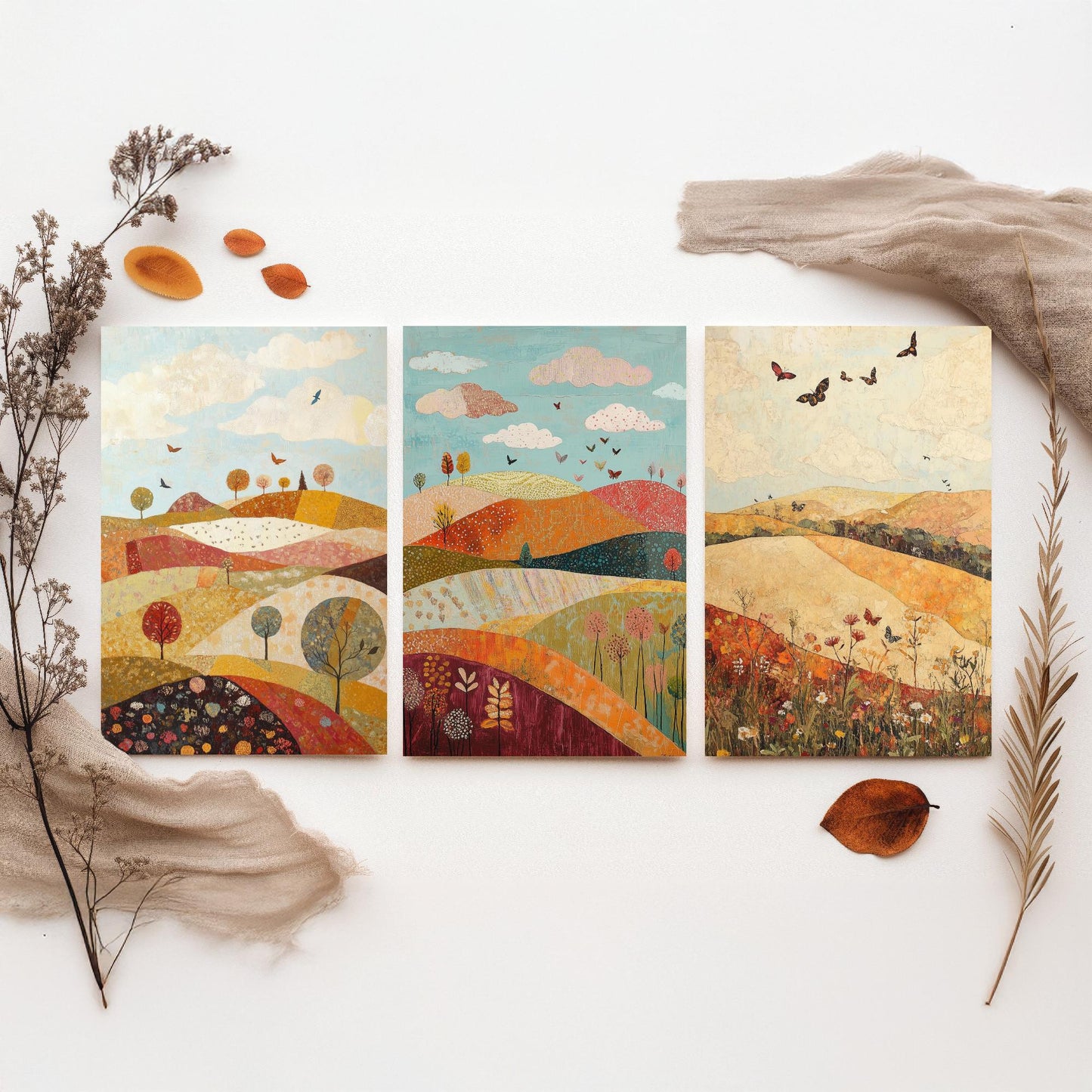 Rolling Hills Butterfly Set of Three Art Prints - Cranberry Pistachio and Chalk - Folk Meadow Poster Illustration Gift