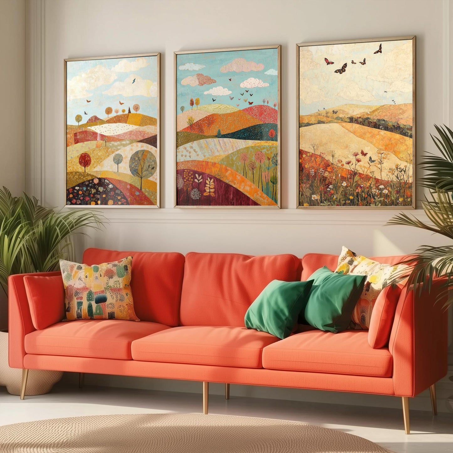 Rolling Hills Butterfly Set of Three Art Prints - Cranberry Pistachio and Chalk - Folk Meadow Poster Illustration Gift