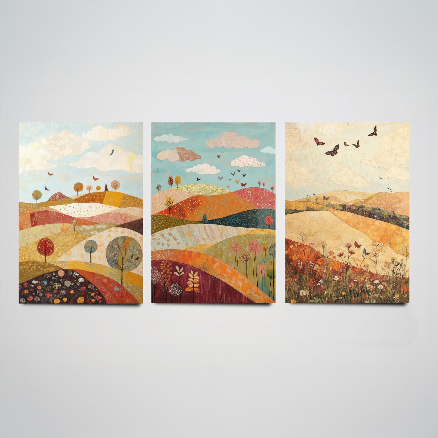 Rolling Hills Butterfly Set of Three Art Prints - Cranberry Pistachio and Chalk - Folk Meadow Poster Illustration Gift