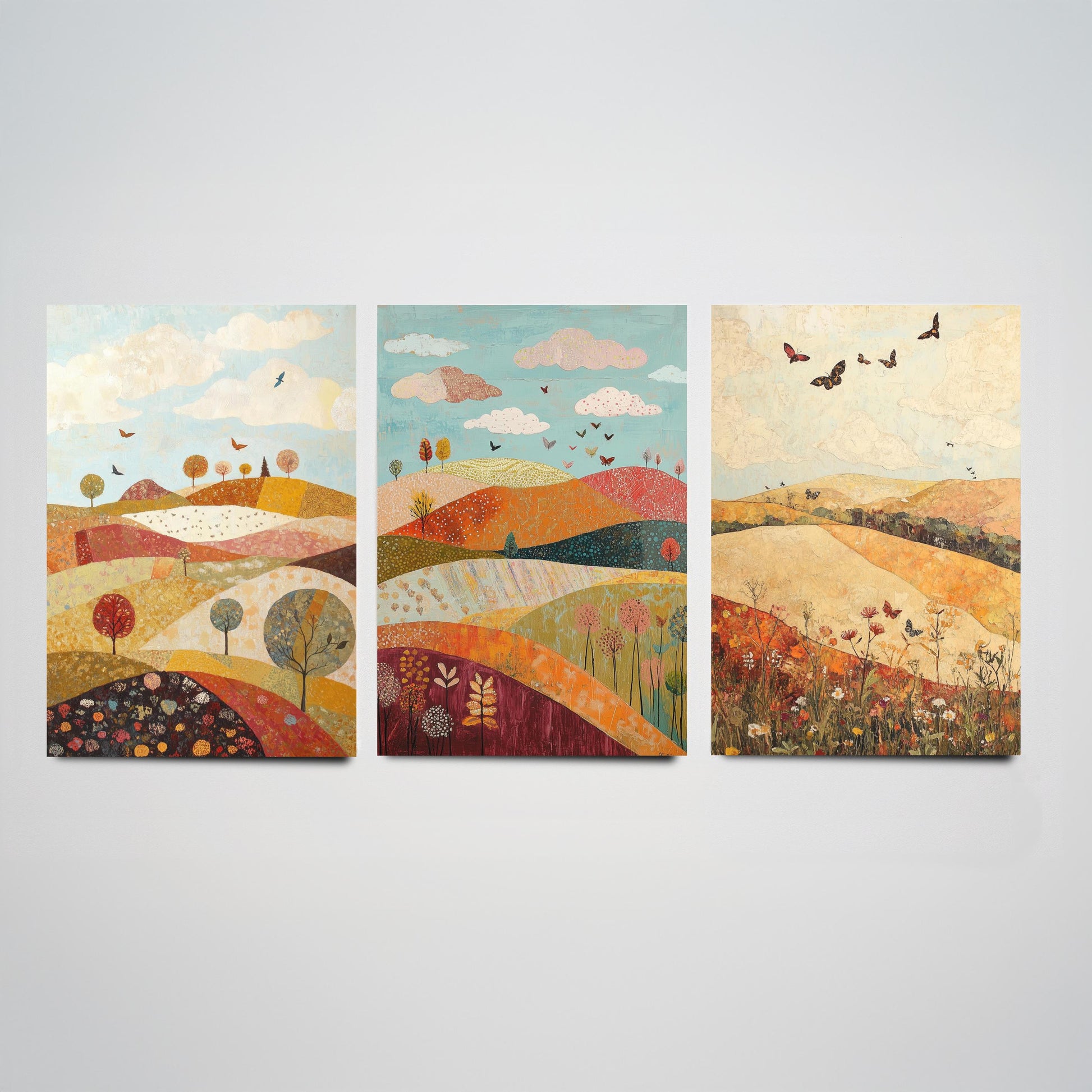 Rolling Hills Butterfly Set of Three Art Prints - Cranberry Pistachio and Chalk - Folk Meadow Poster Illustration Gift