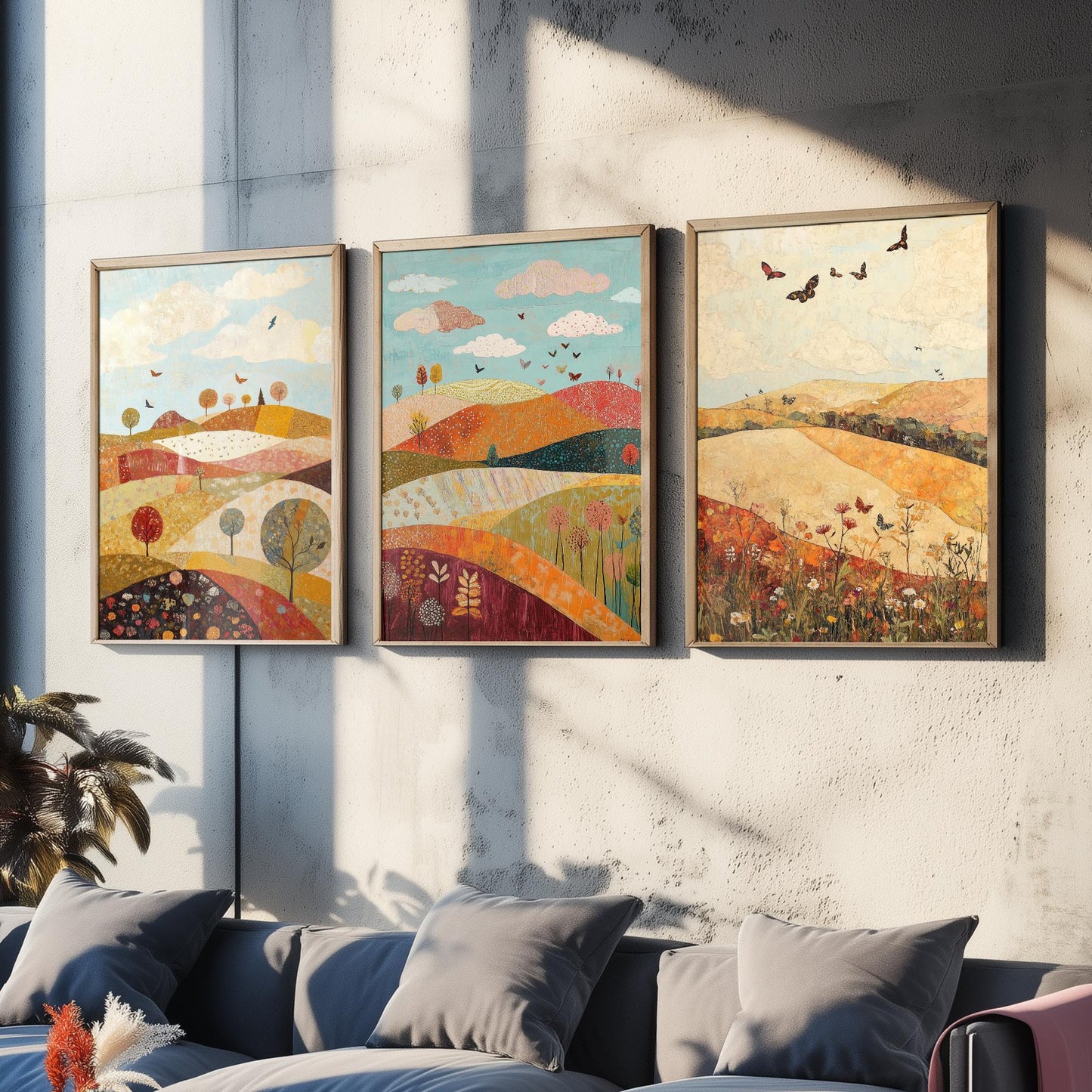 Rolling Hills Butterfly Set of Three Art Prints - Cranberry Pistachio and Chalk - Folk Meadow Poster Illustration Gift