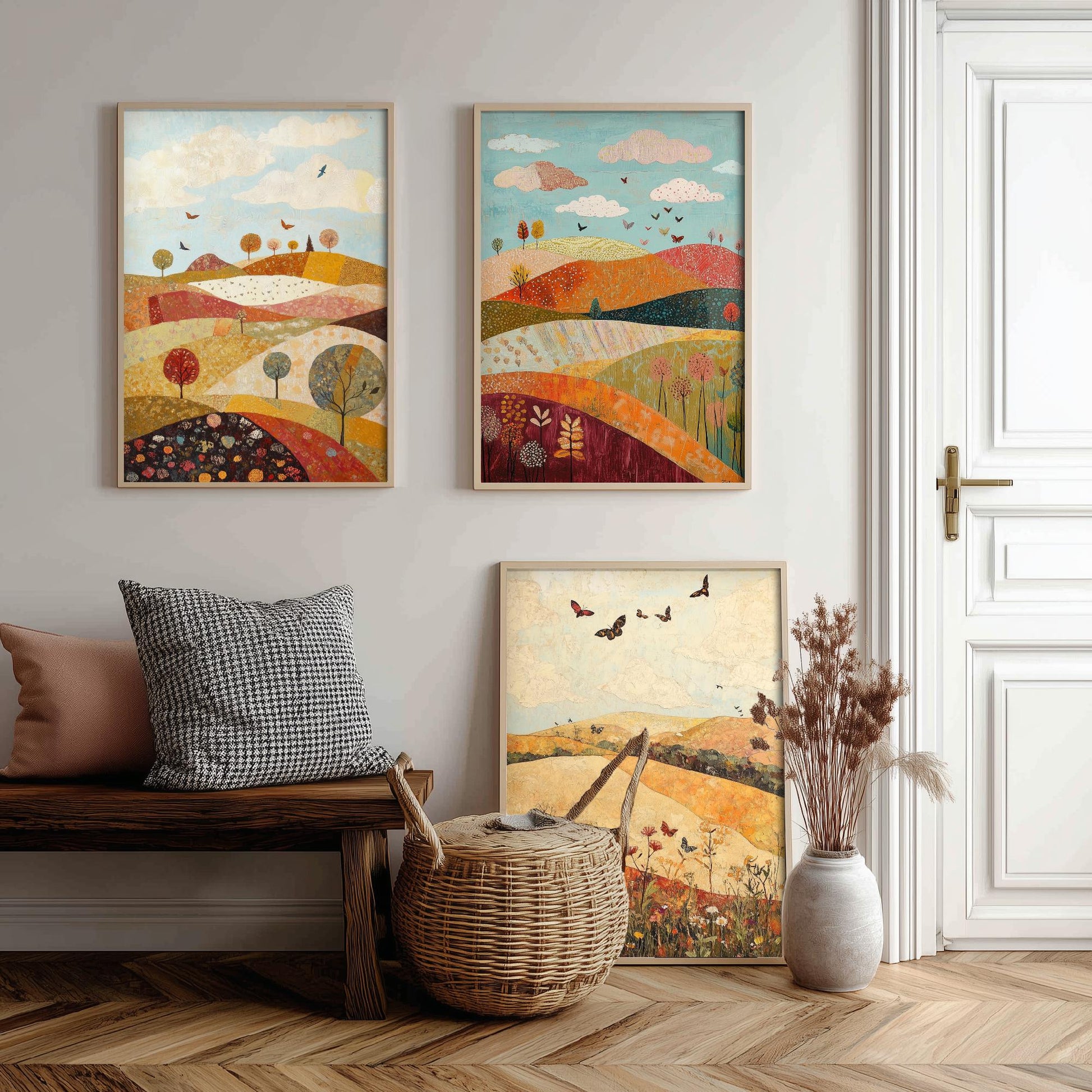 Rolling Hills Butterfly Set of Three Art Prints - Cranberry Pistachio and Chalk - Folk Meadow Poster Illustration Gift