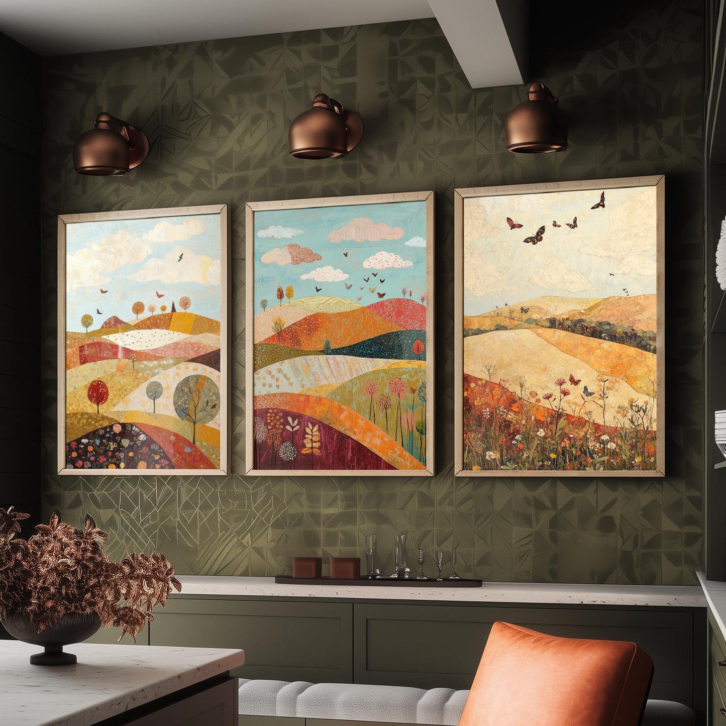 Rolling Hills Butterfly Set of Three Art Prints - Cranberry Pistachio and Chalk - Folk Meadow Poster Illustration Gift