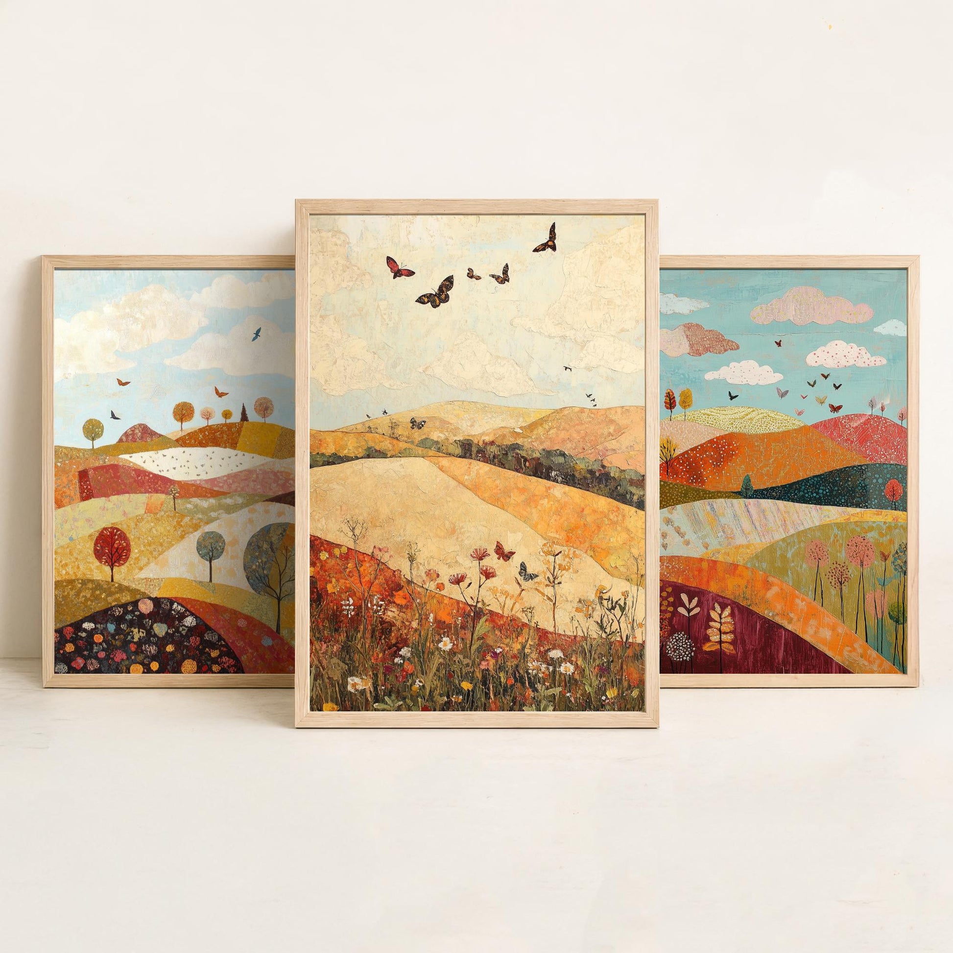 Rolling Hills Butterfly Set of Three Art Prints - Cranberry Pistachio and Chalk - Folk Meadow Poster Illustration Gift