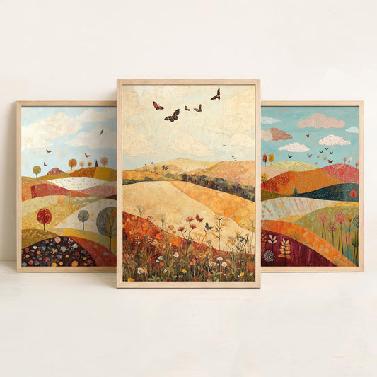 Rolling Hills Butterfly Set of Three Art Prints - Cranberry Pistachio and Chalk - Folk Meadow Poster Illustration Gift