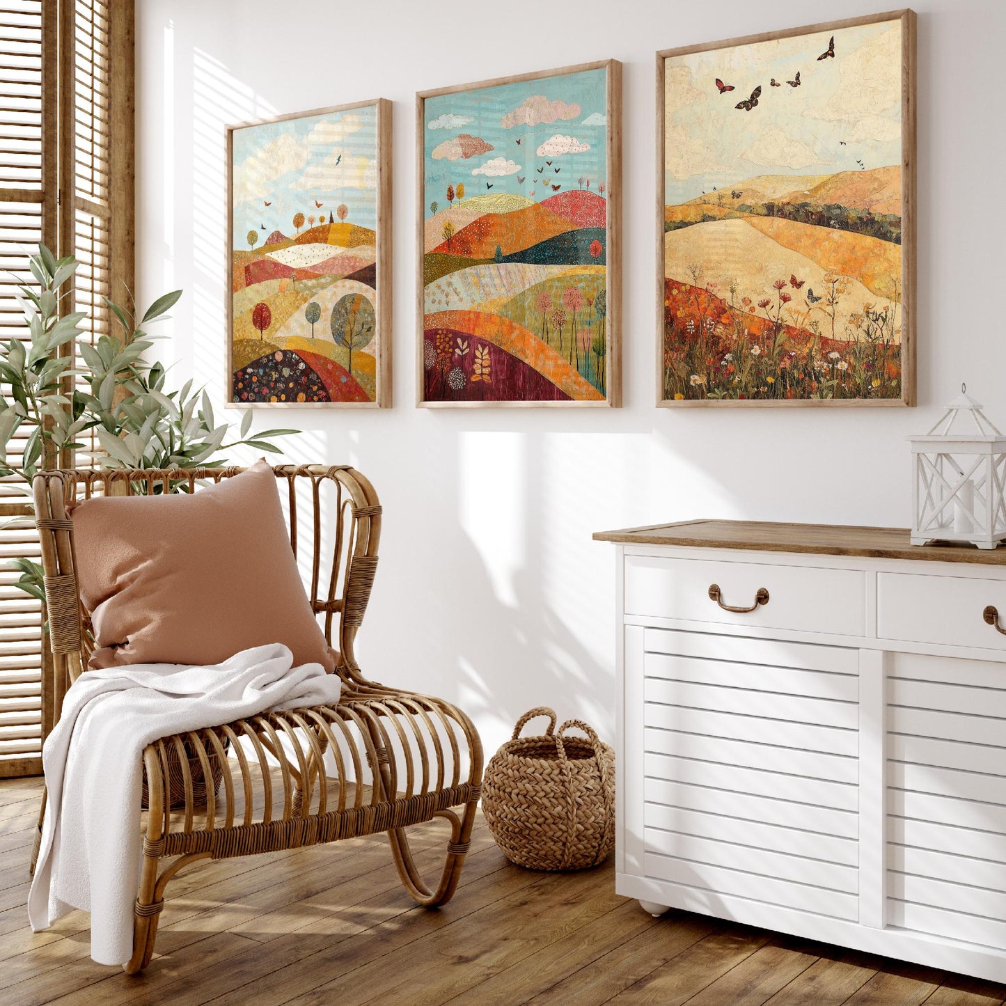 Rolling Hills Butterfly Set of Three Art Prints - Cranberry Pistachio and Chalk - Folk Meadow Poster Illustration Gift