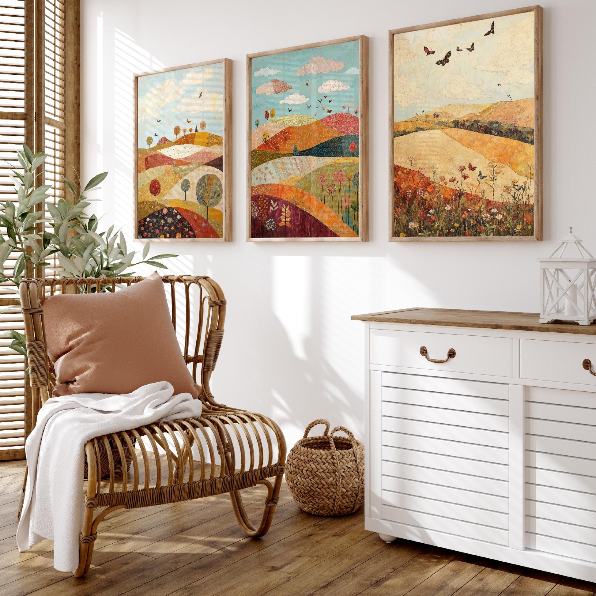 Rolling Hills Butterfly Set of Three Art Prints - Cranberry Pistachio and Chalk - Folk Meadow Poster Illustration Gift