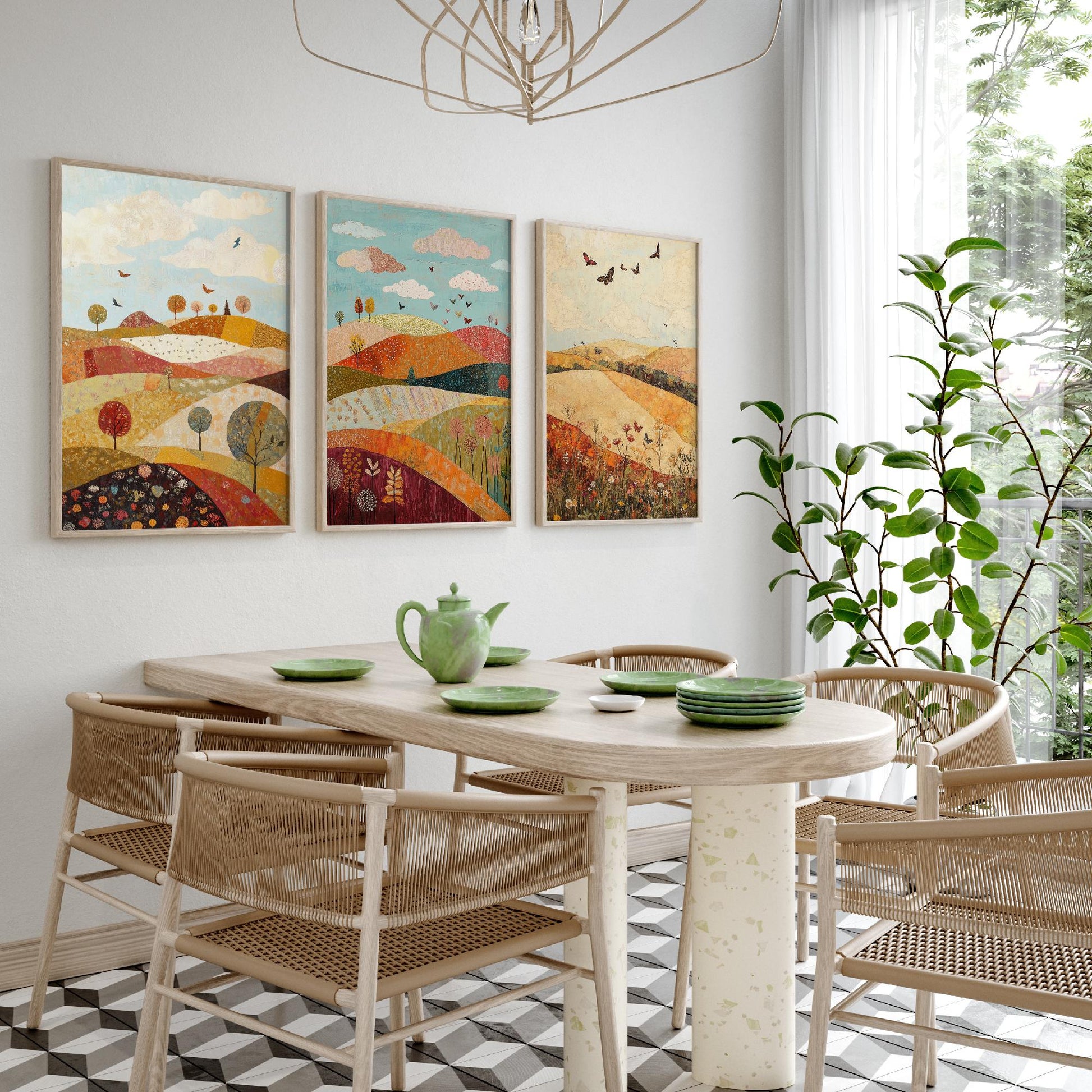 Rolling Hills Butterfly Set of Three Art Prints - Cranberry Pistachio and Chalk - Folk Meadow Poster Illustration Gift