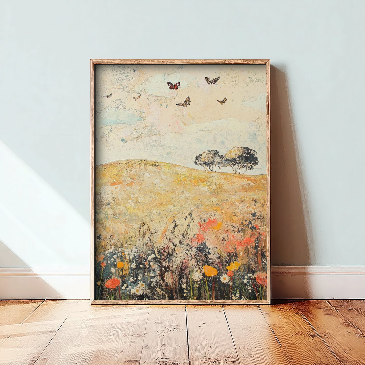 Rolling Hills Landscape Art Print - Butterfly Meadow Poster - Folk Art Painting - Dandelion Graphite and Petal 1/3