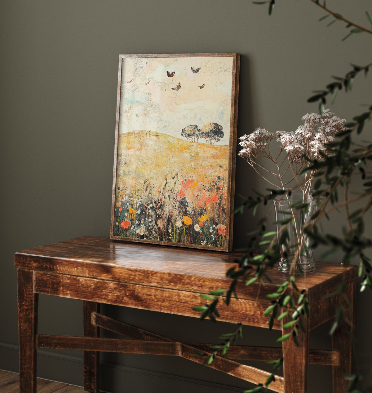 Rolling Hills Landscape Art Print - Butterfly Meadow Poster - Folk Art Painting - Dandelion Graphite and Petal 1/3