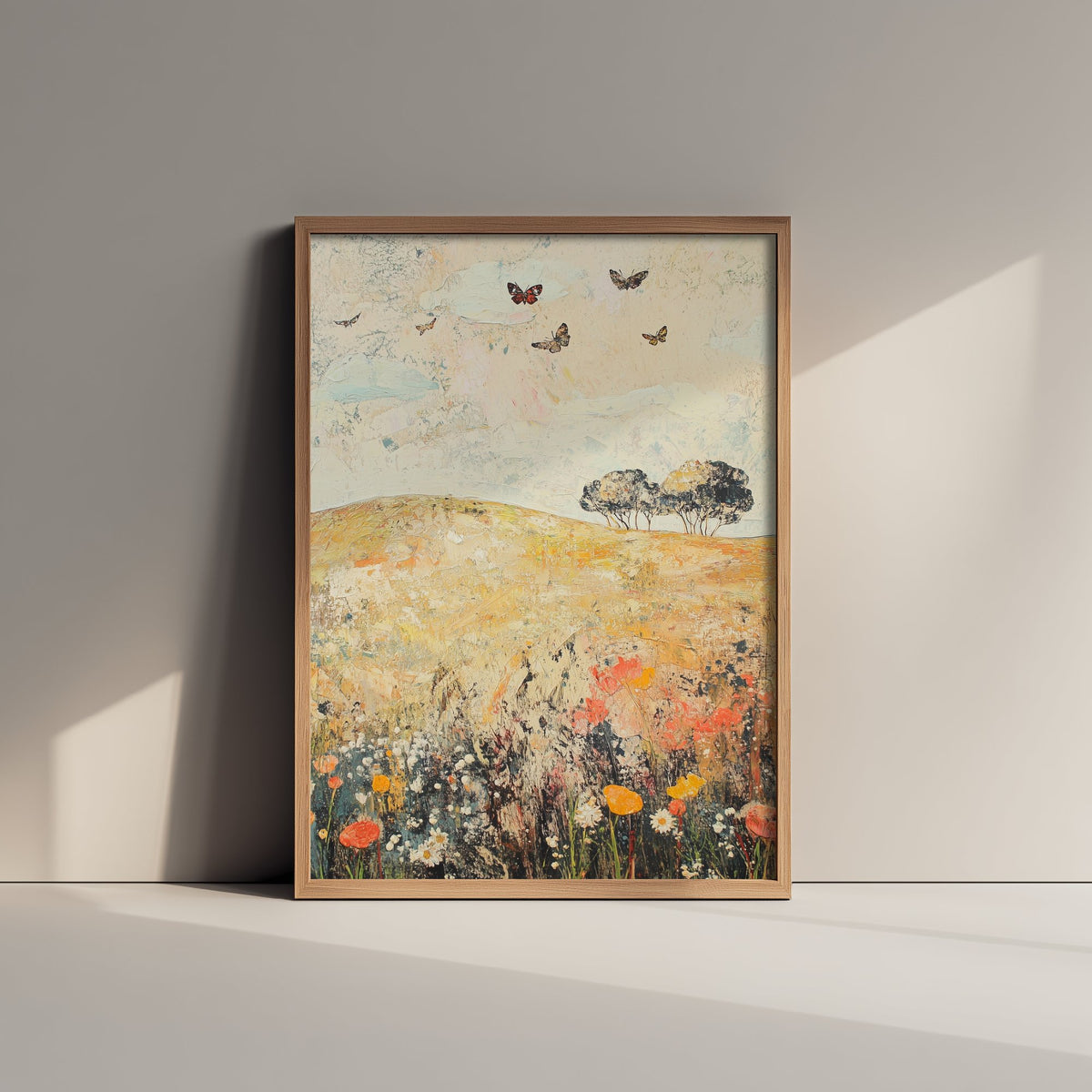 Rolling Hills Landscape Art Print - Butterfly Meadow Poster - Folk Art Painting - Dandelion Graphite and Petal 1/3