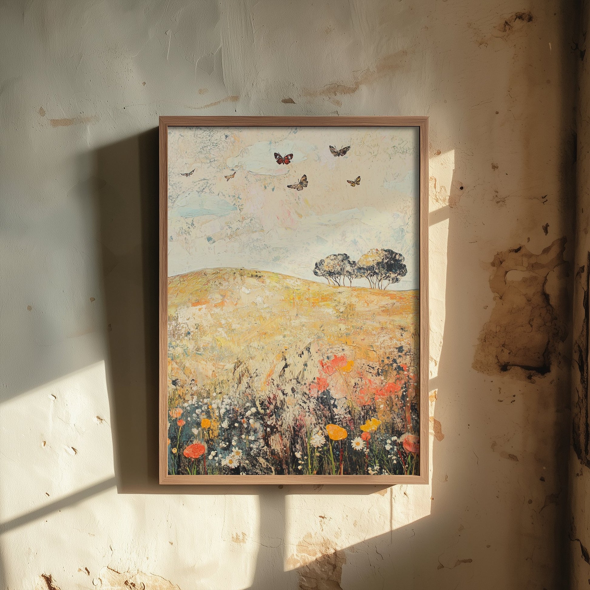 Rolling Hills Landscape Art Print - Butterfly Meadow Poster - Folk Art Painting - Dandelion Graphite and Petal 1/3