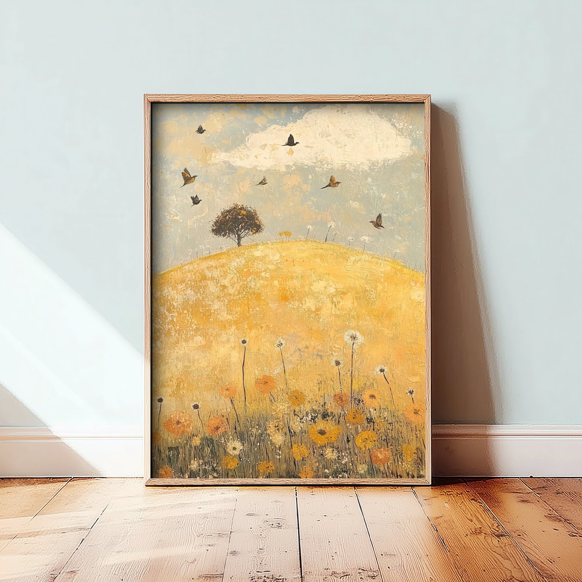 Rolling Hills Landscape Art Print - Butterfly Meadow Poster - Folk Art Painting - Dandelion Graphite and Petal 2/3