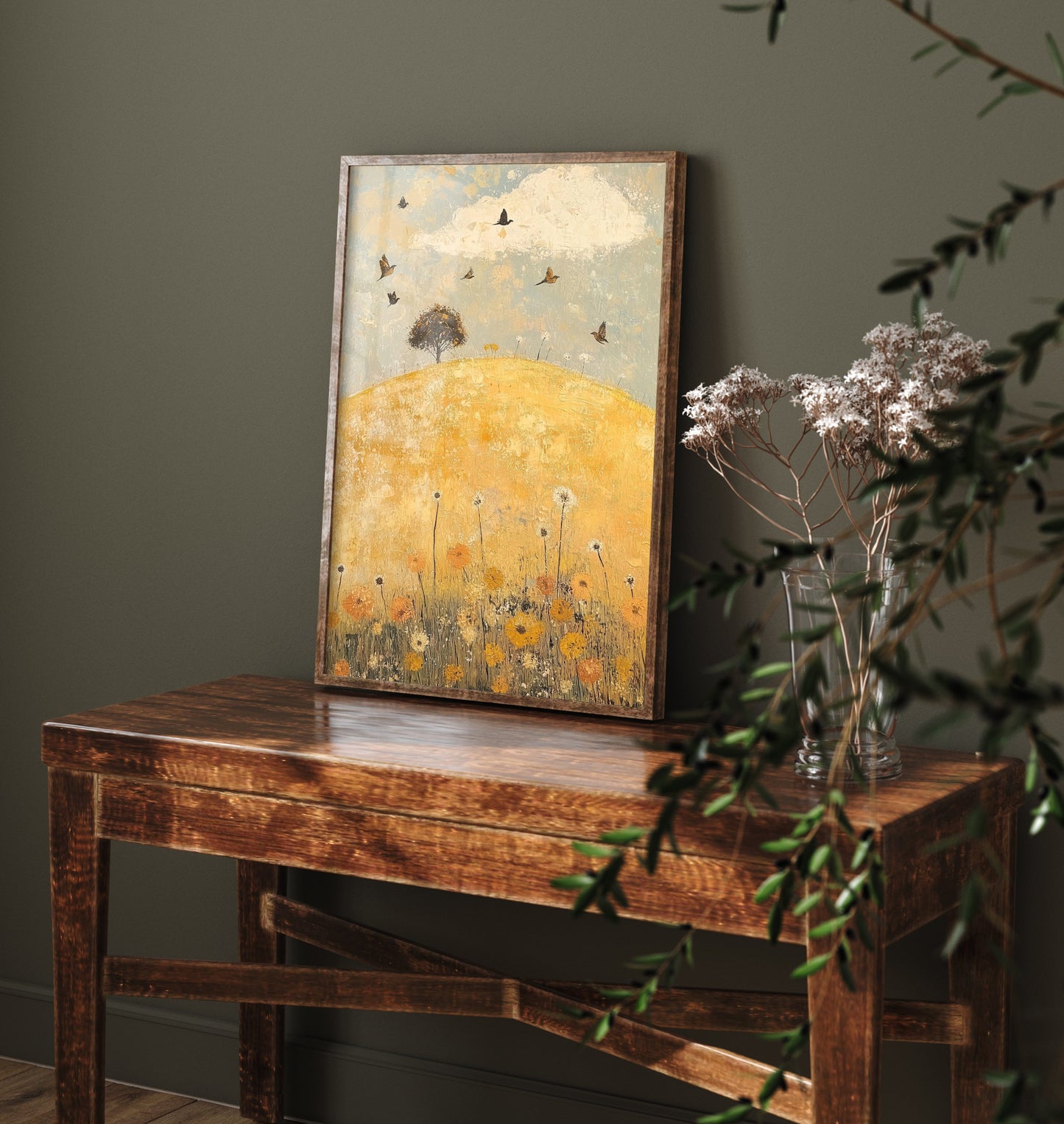 Rolling Hills Landscape Art Print - Butterfly Meadow Poster - Folk Art Painting - Dandelion Graphite and Petal 2/3