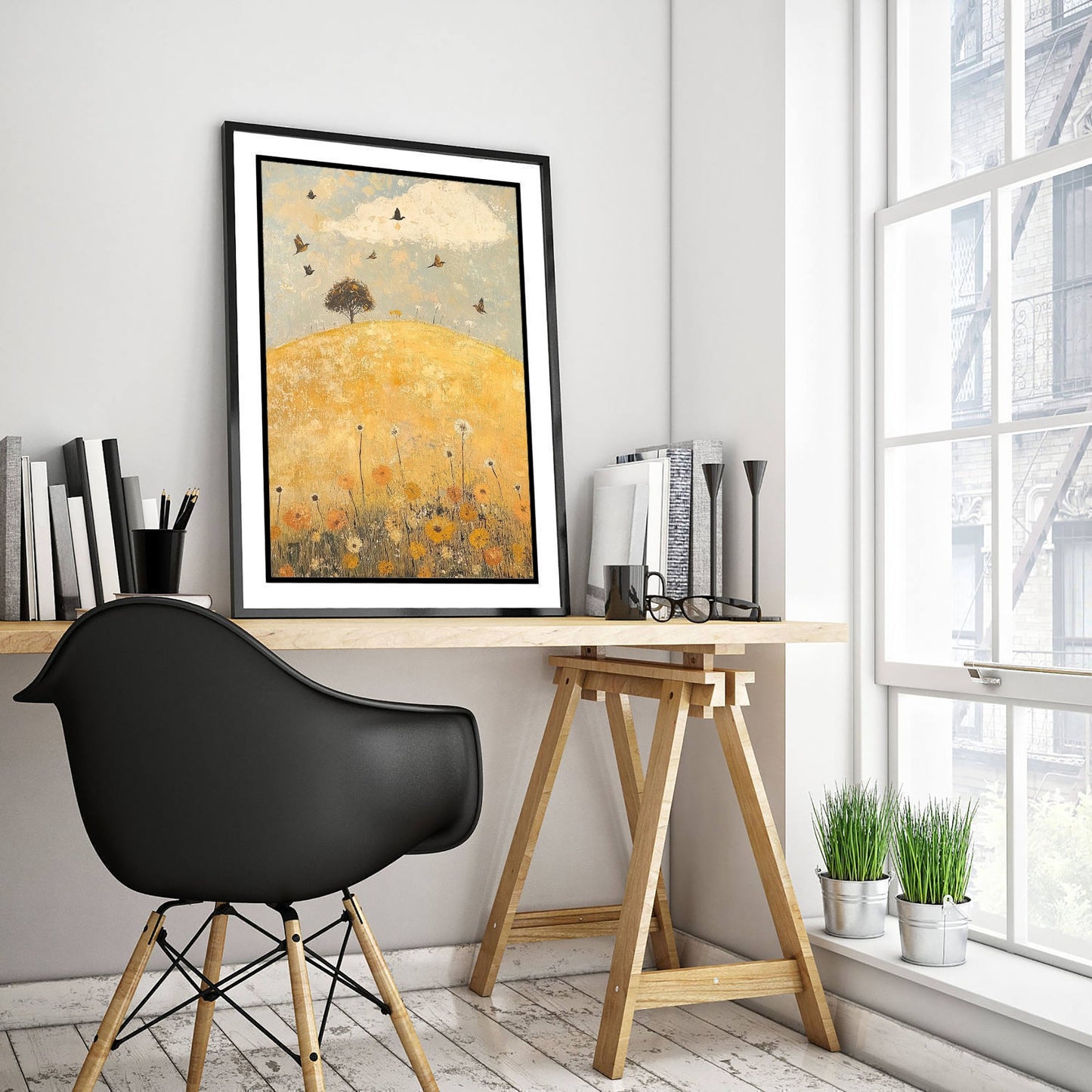 Rolling Hills Landscape Art Print - Butterfly Meadow Poster - Folk Art Painting - Dandelion Graphite and Petal 2/3