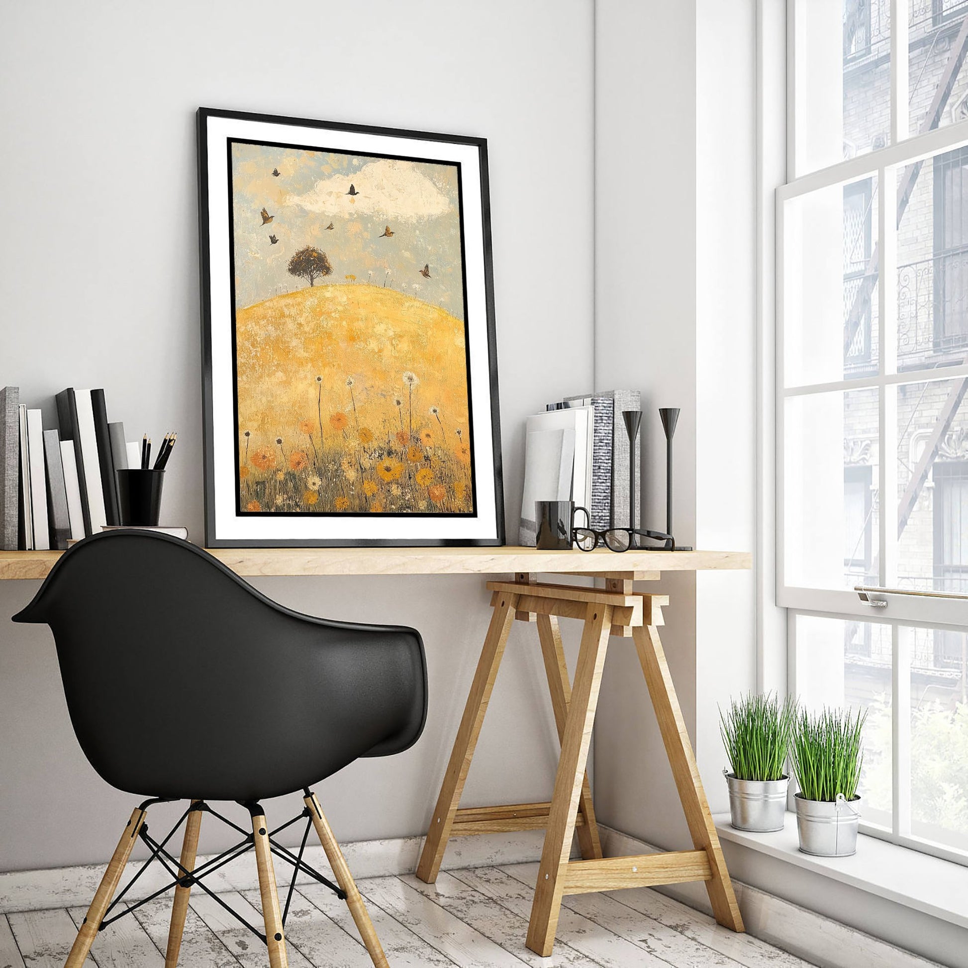 Rolling Hills Landscape Art Print - Butterfly Meadow Poster - Folk Art Painting - Dandelion Graphite and Petal 2/3