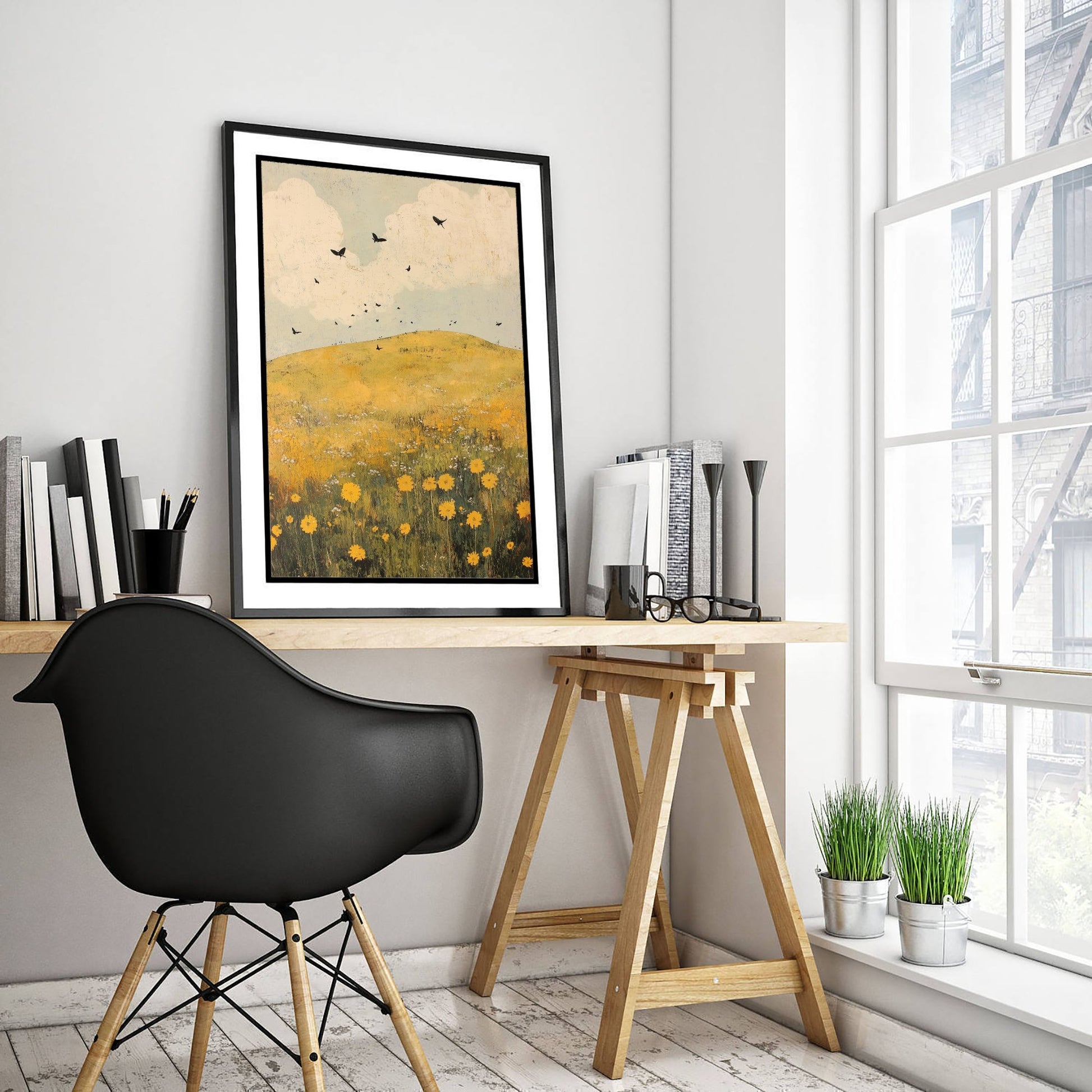 Rolling Hills Landscape Art Print - Butterfly Meadow Poster - Folk Art Painting - Dandelion Graphite and Petal 3/3