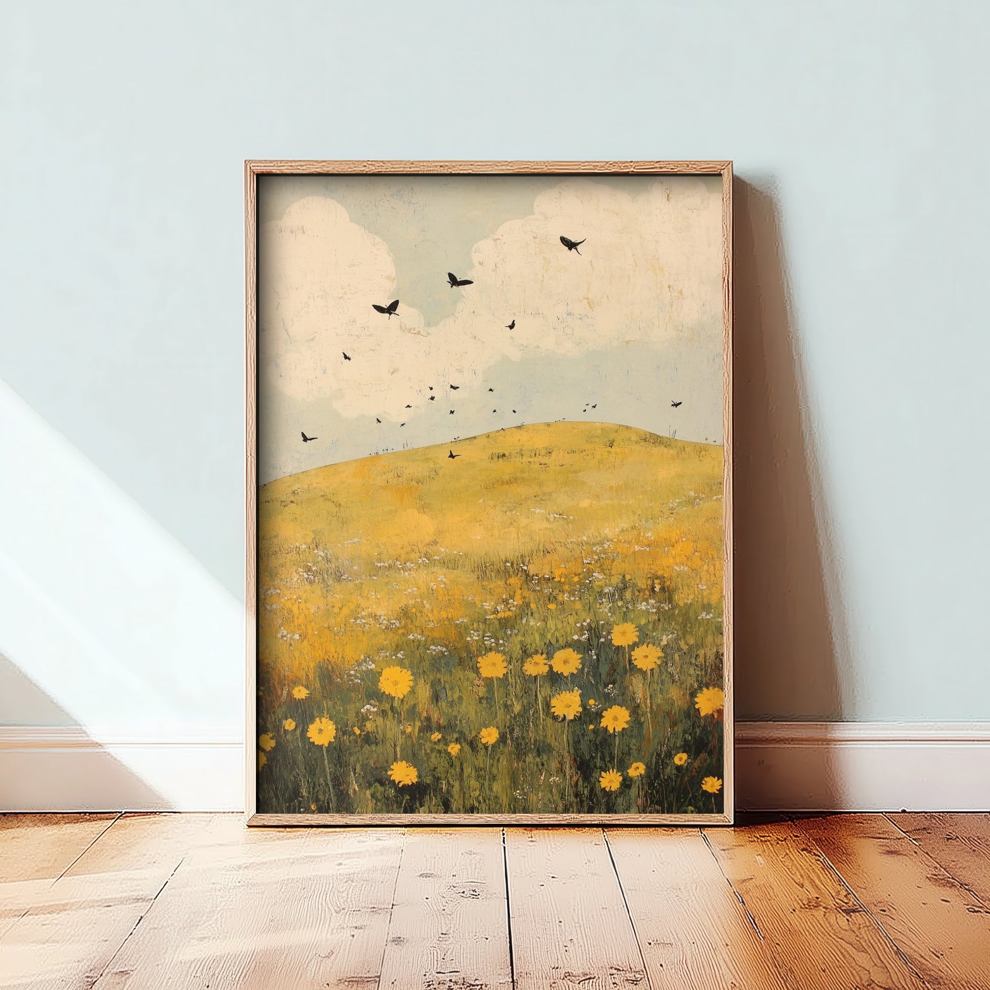 Rolling Hills Landscape Art Print - Butterfly Meadow Poster - Folk Art Painting - Dandelion Graphite and Petal 3/3