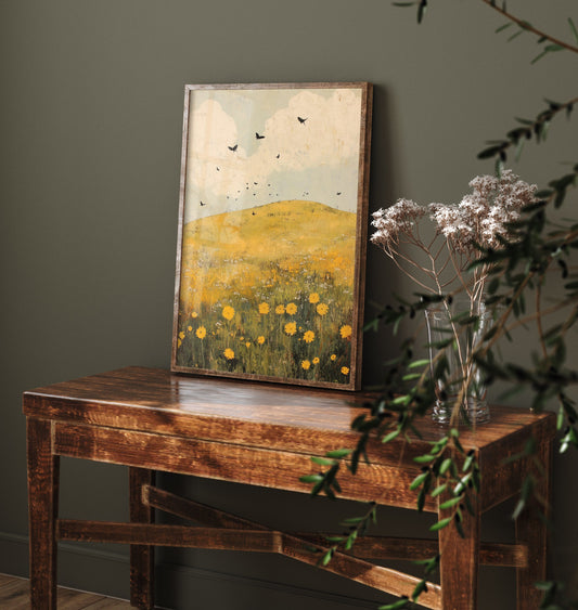 Rolling Hills Landscape Art Print - Butterfly Meadow Poster - Folk Art Painting - Dandelion Graphite and Petal 3/3