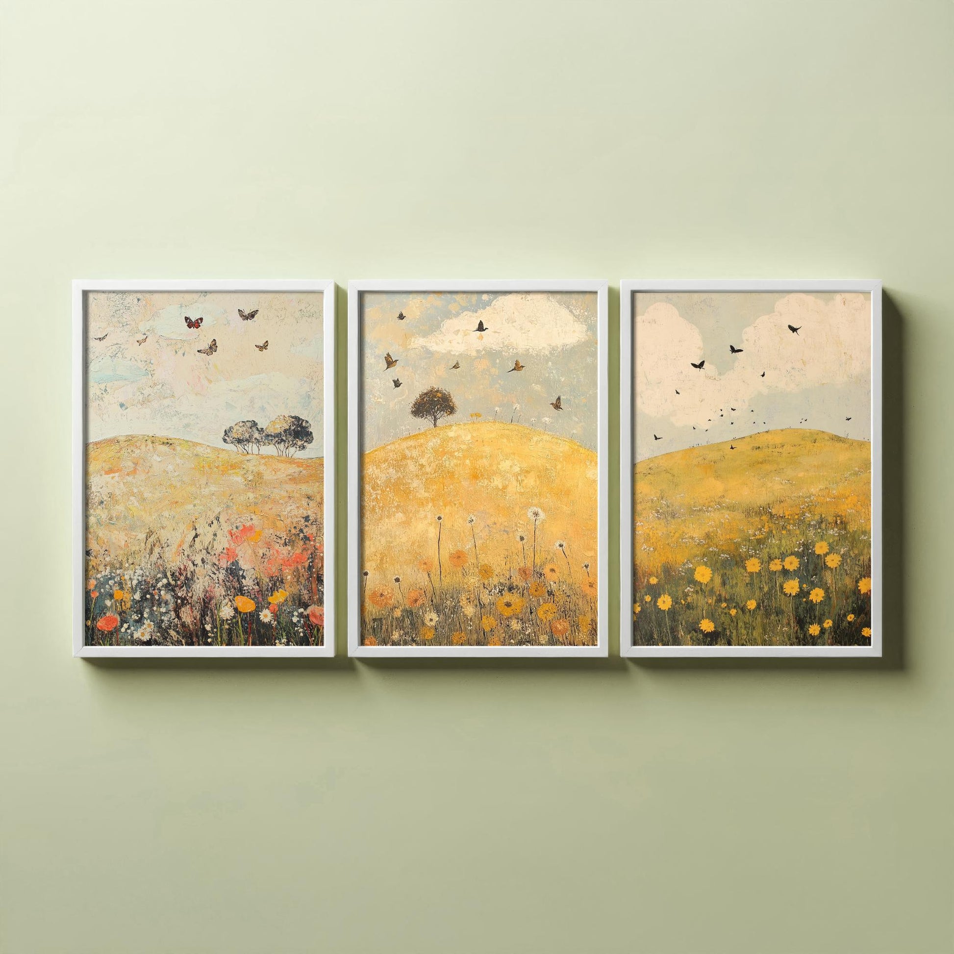 Rolling Hills Butterfly Set of Three Art Prints - Dandelion Graphite and Petal - Folk Meadow Poster Illustration Gift