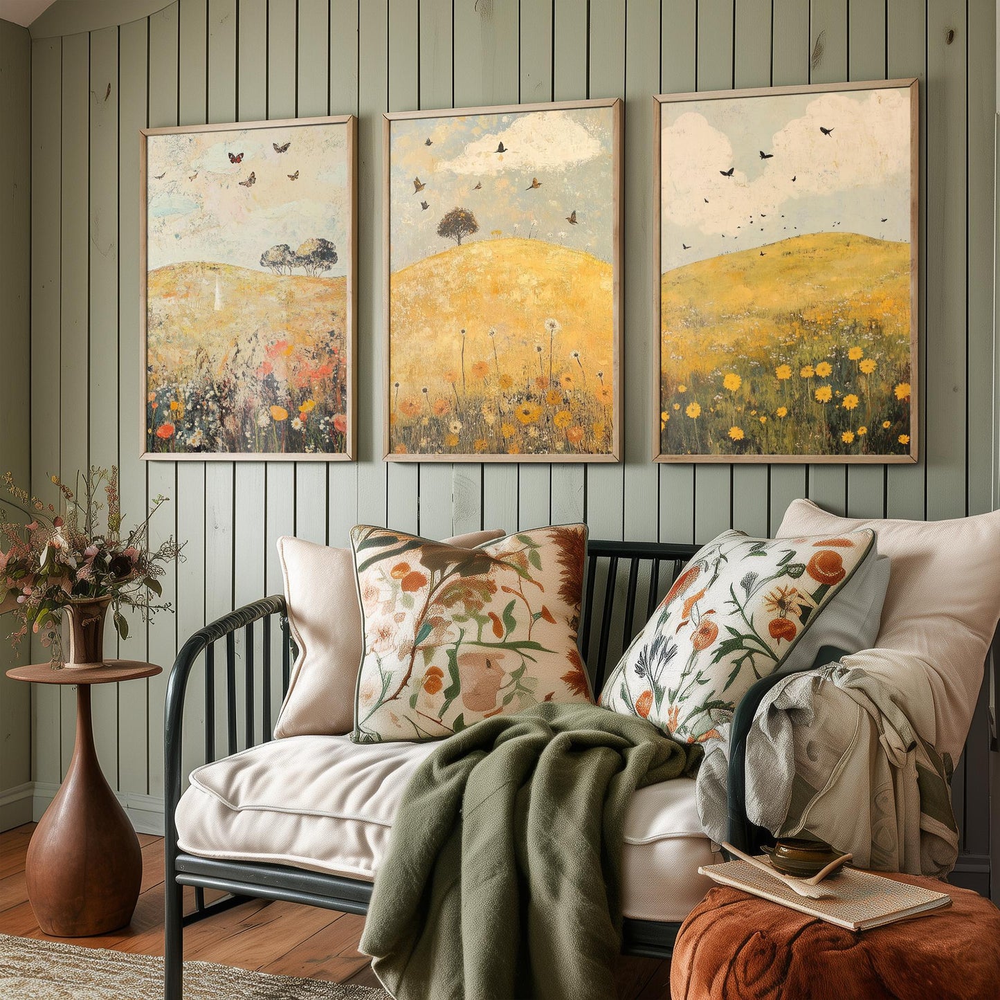 Rolling Hills Butterfly Set of Three Art Prints - Dandelion Graphite and Petal - Folk Meadow Poster Illustration Gift