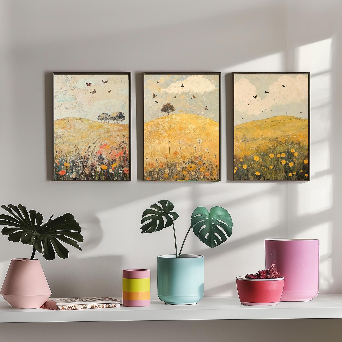 Rolling Hills Butterfly Set of Three Art Prints - Dandelion Graphite and Petal - Folk Meadow Poster Illustration Gift