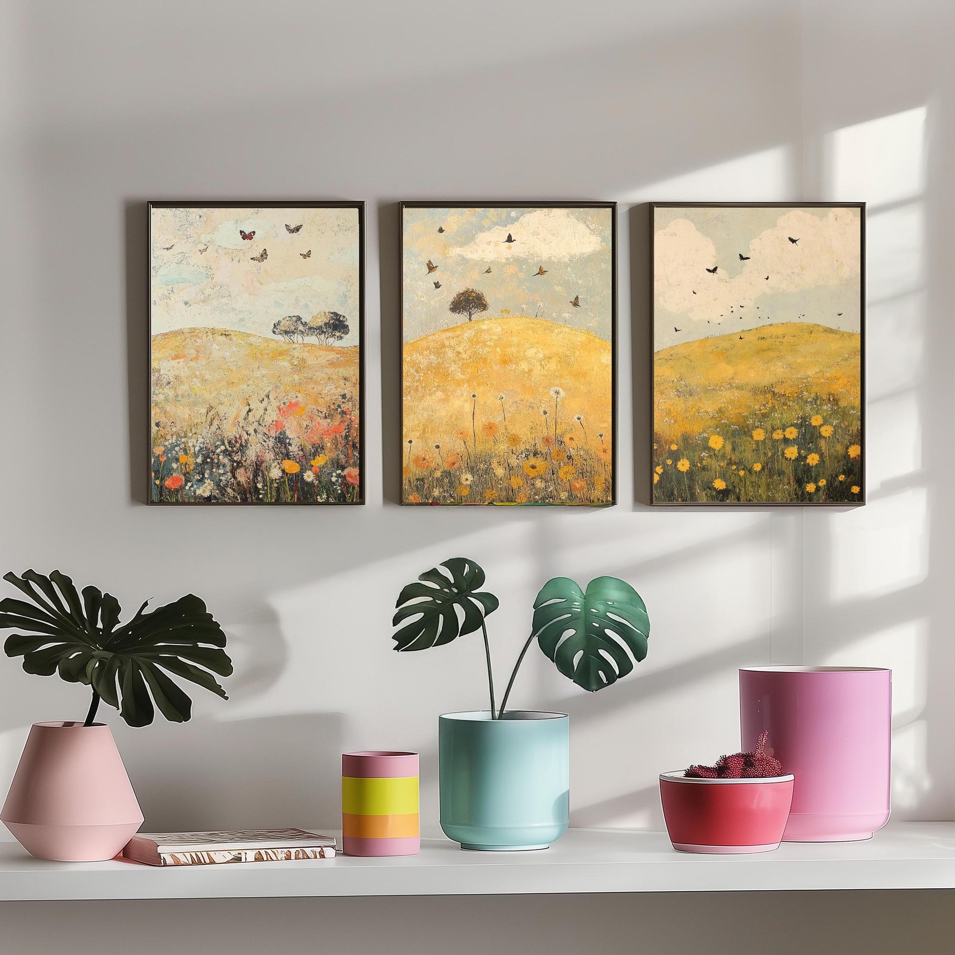 Rolling Hills Butterfly Set of Three Art Prints - Dandelion Graphite and Petal - Folk Meadow Poster Illustration Gift
