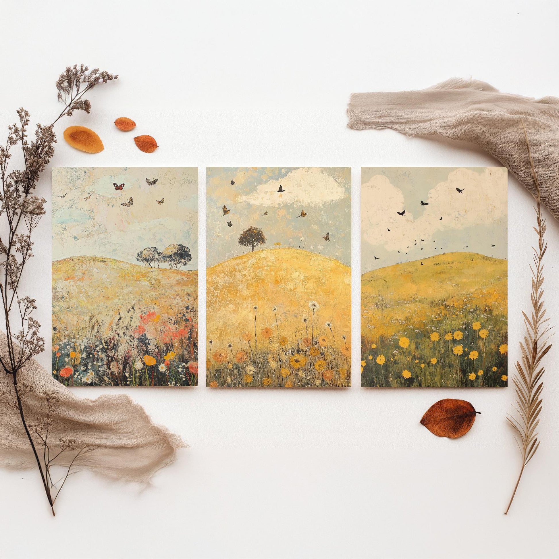 Rolling Hills Butterfly Set of Three Art Prints - Dandelion Graphite and Petal - Folk Meadow Poster Illustration Gift