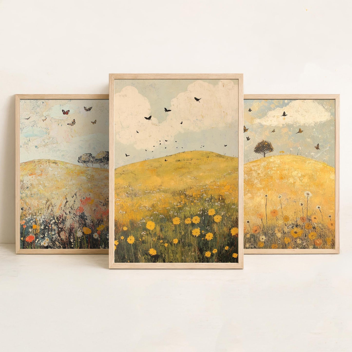 Rolling Hills Butterfly Set of Three Art Prints - Dandelion Graphite and Petal - Folk Meadow Poster Illustration Gift