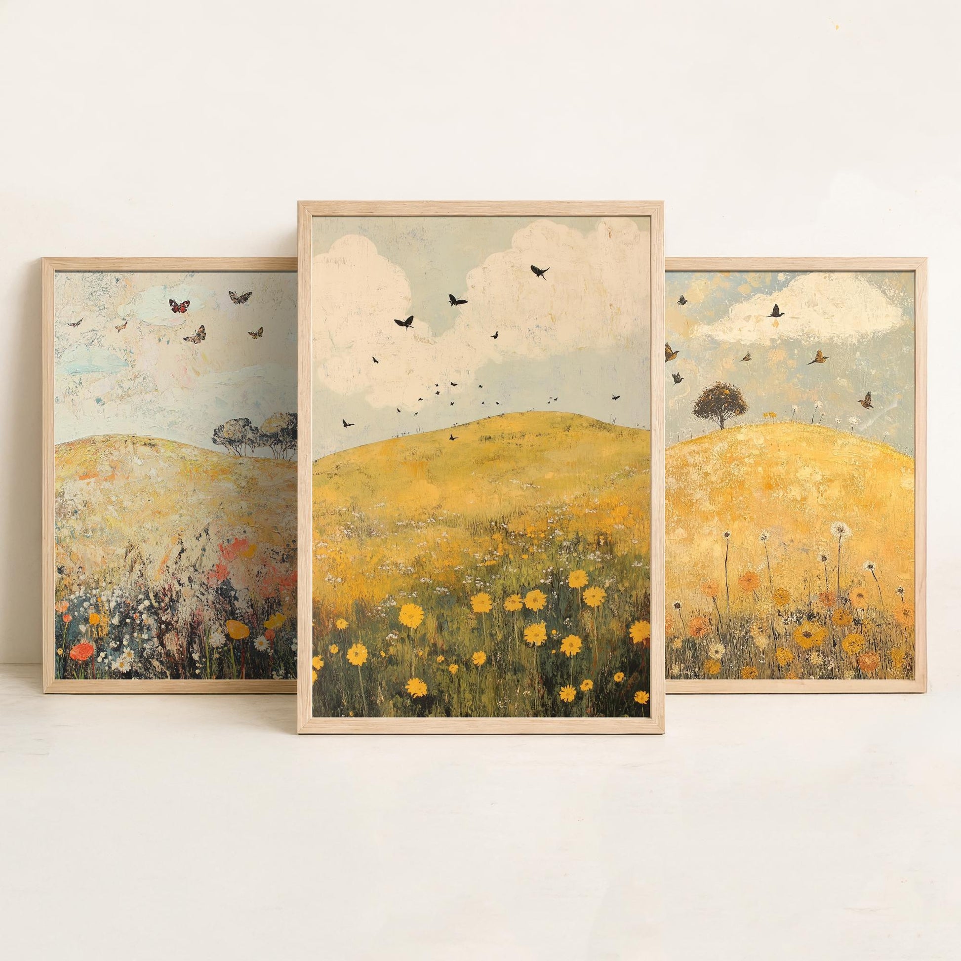 Rolling Hills Butterfly Set of Three Art Prints - Dandelion Graphite and Petal - Folk Meadow Poster Illustration Gift