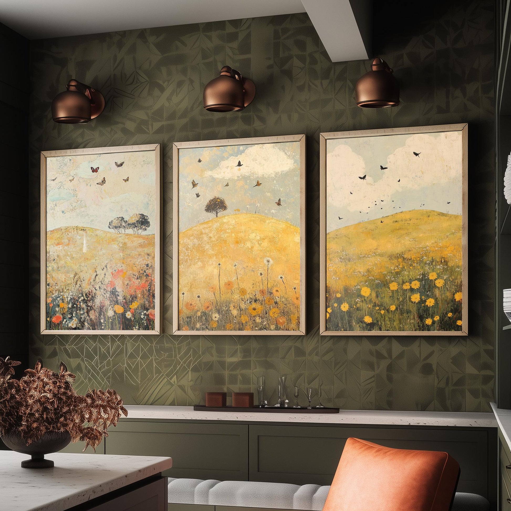 Rolling Hills Butterfly Set of Three Art Prints - Dandelion Graphite and Petal - Folk Meadow Poster Illustration Gift