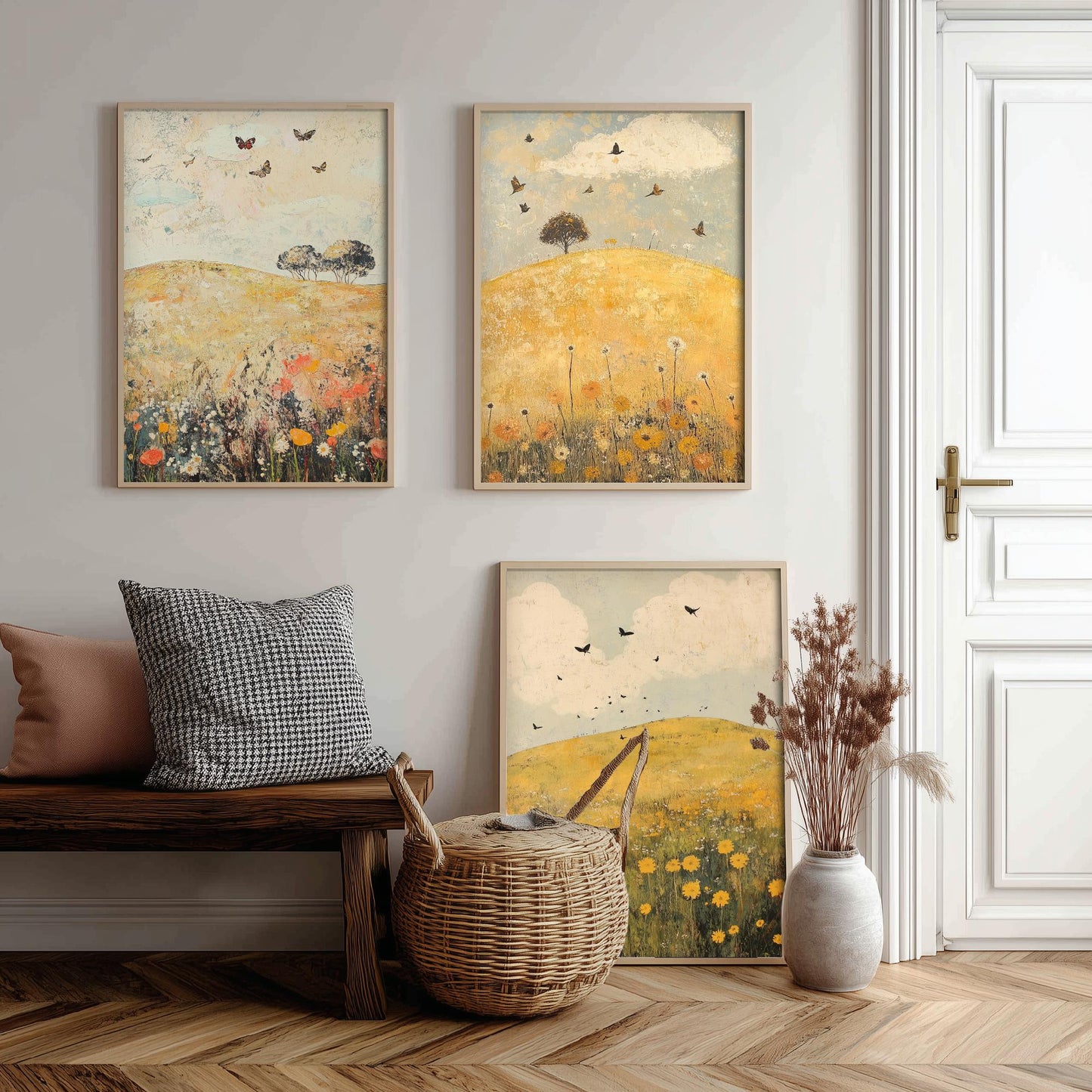 Rolling Hills Butterfly Set of Three Art Prints - Dandelion Graphite and Petal - Folk Meadow Poster Illustration Gift
