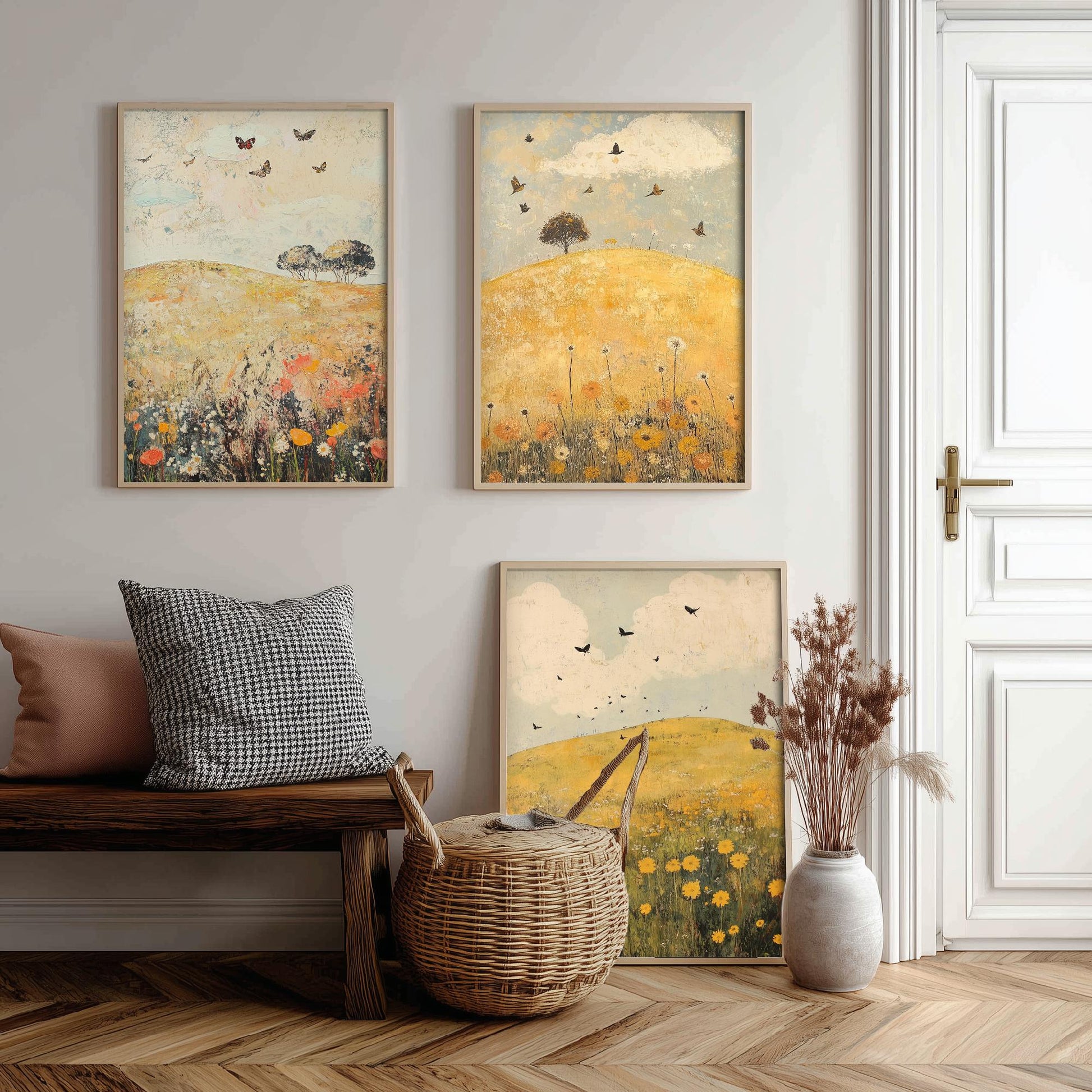 Rolling Hills Butterfly Set of Three Art Prints - Dandelion Graphite and Petal - Folk Meadow Poster Illustration Gift