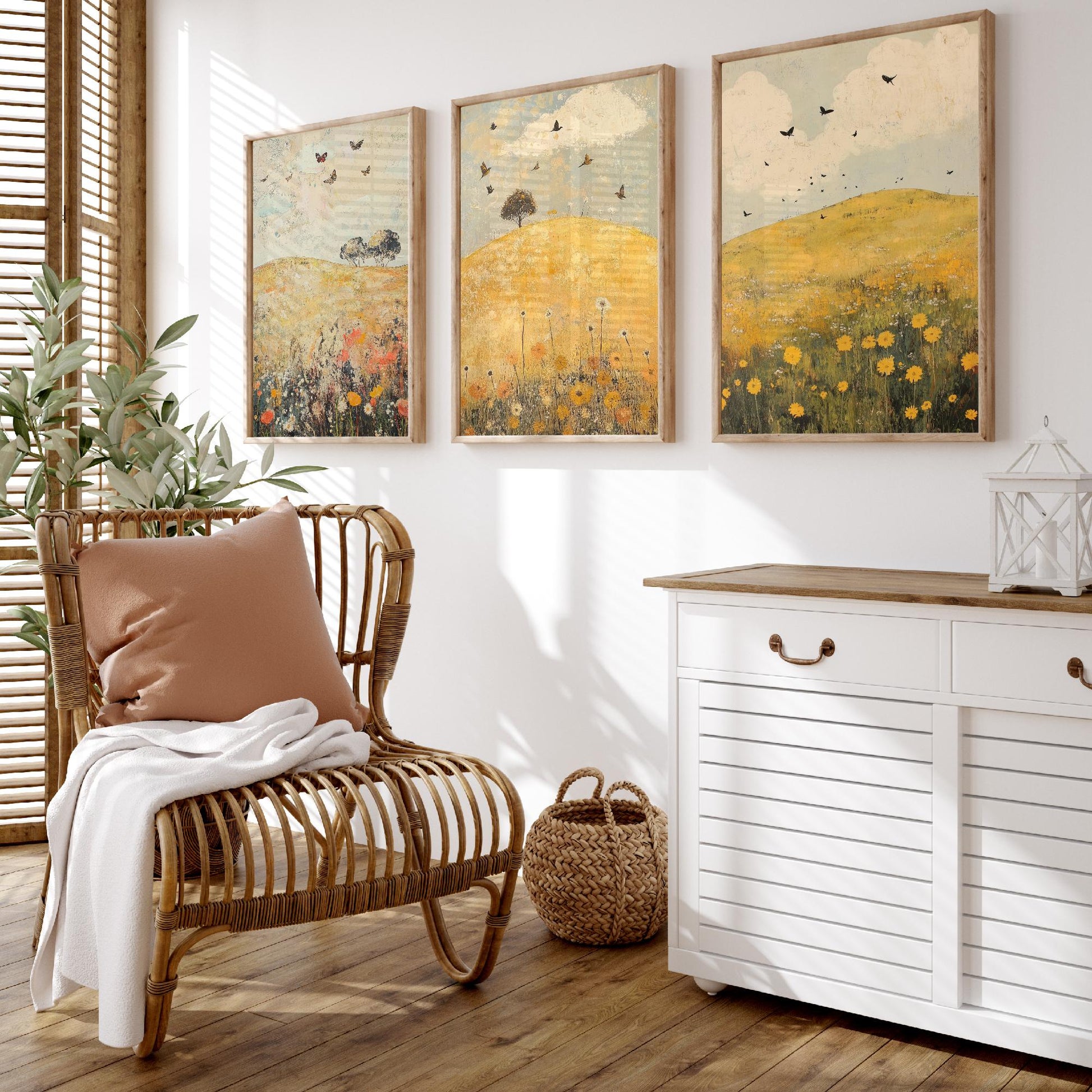 Rolling Hills Butterfly Set of Three Art Prints - Dandelion Graphite and Petal - Folk Meadow Poster Illustration Gift