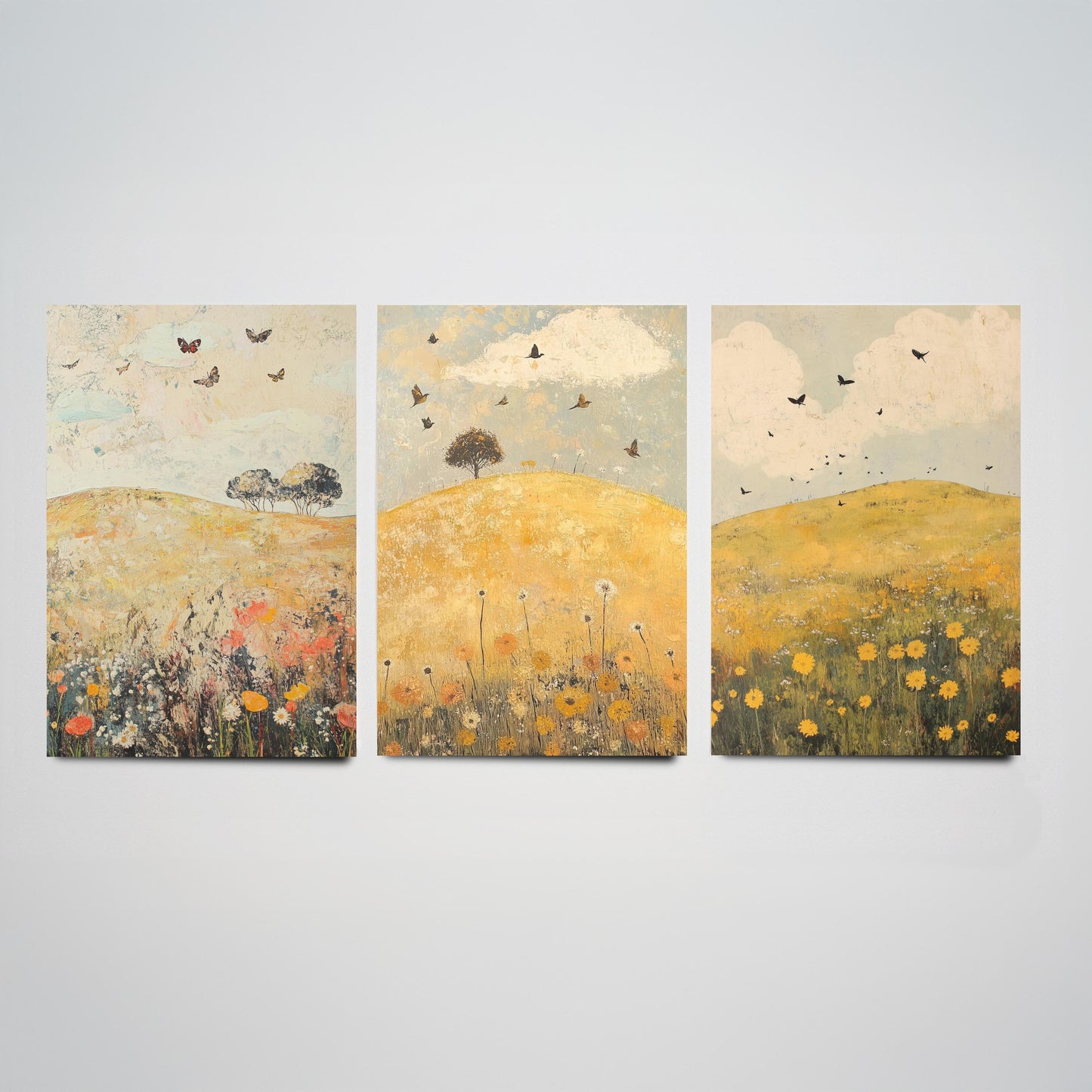 Rolling Hills Butterfly Set of Three Art Prints - Dandelion Graphite and Petal - Folk Meadow Poster Illustration Gift