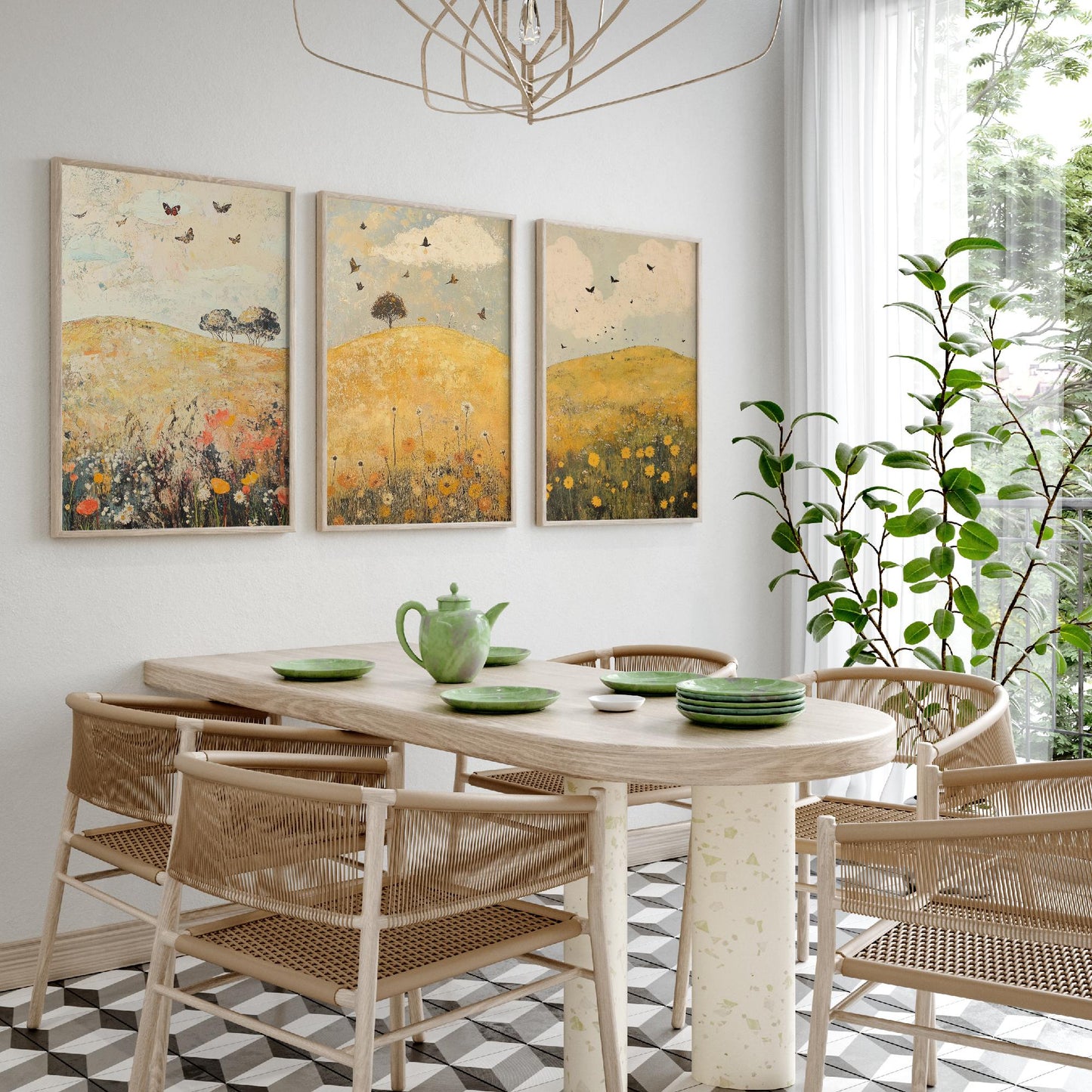 Rolling Hills Butterfly Set of Three Art Prints - Dandelion Graphite and Petal - Folk Meadow Poster Illustration Gift
