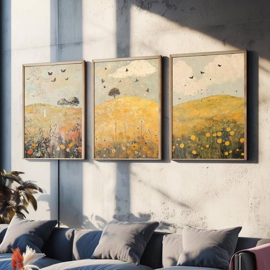 Rolling Hills Butterfly Set of Three Art Prints - Dandelion Graphite and Petal - Folk Meadow Poster Illustration Gift