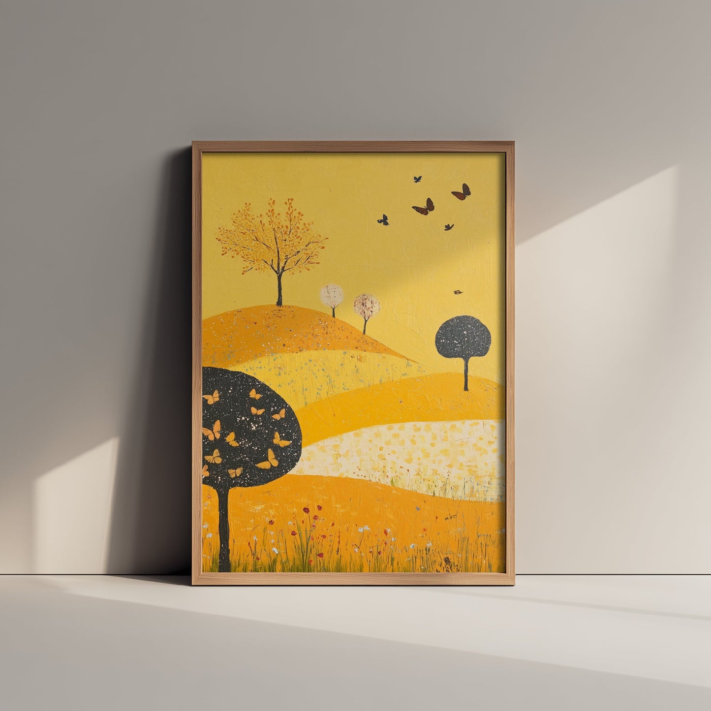 Rolling Hills Landscape Art Print - Butterfly Meadow Poster - Folk Art Painting - Dark Yellow 1/3