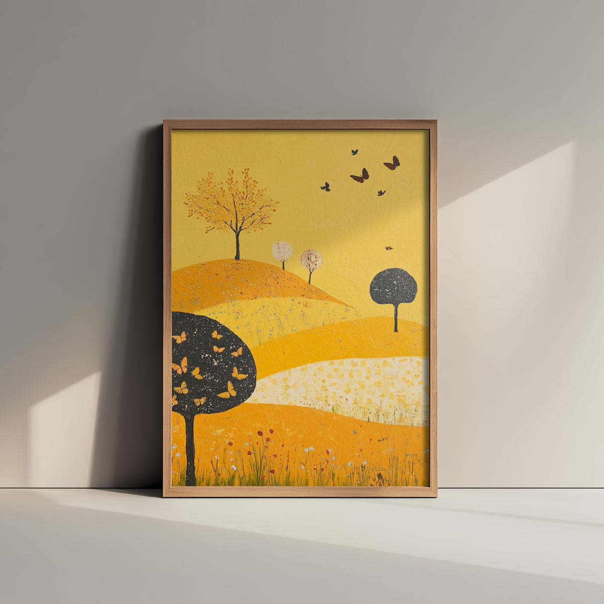 Rolling Hills Landscape Art Print - Butterfly Meadow Poster - Folk Art Painting - Dark Yellow 1/3